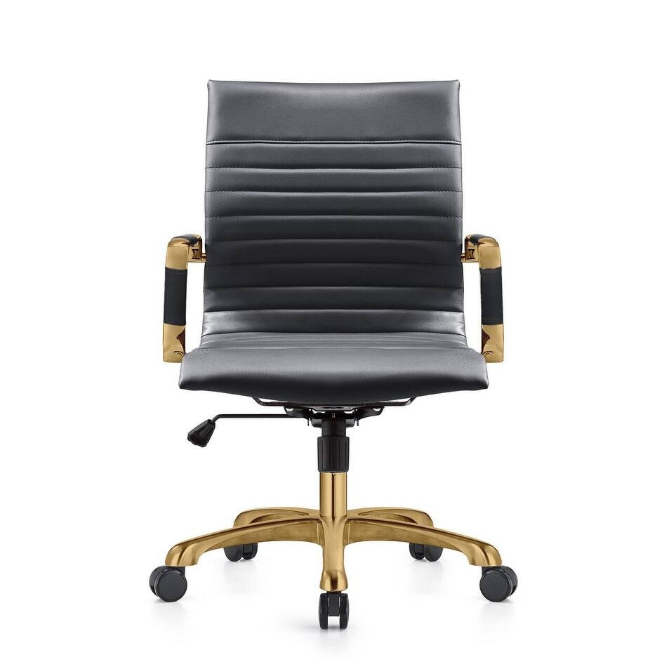 Back. LeisureMod - Harris Mid-Back Office Chair, Leather Upholstery with Gold Metal Frame Modern Armless Desk Chair for Conference Seating - Black.