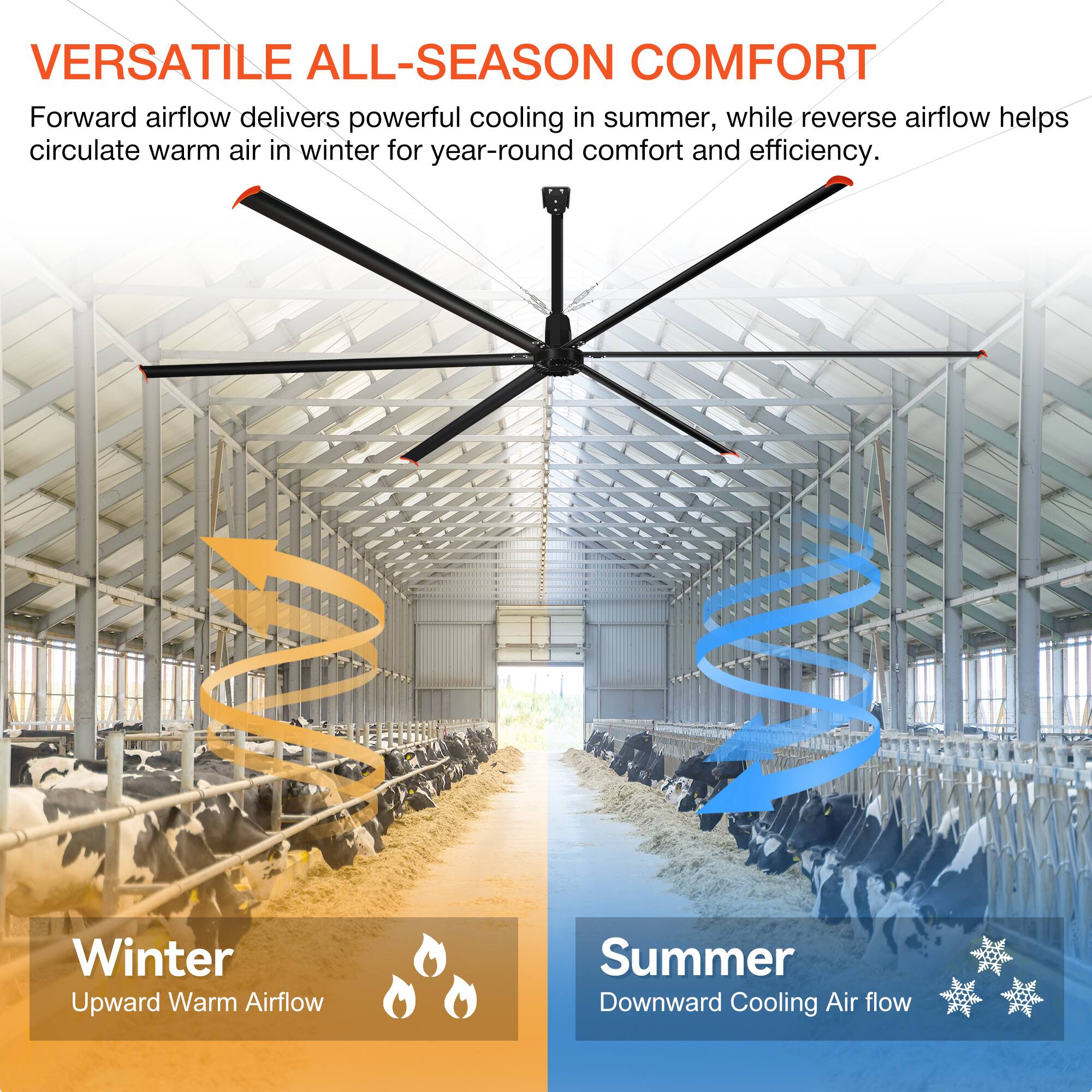VERSATILE ALL-SEASON COMFORT

Forward airflow delivers powerful cooling in summer, while reverse airflow helps circulate warm air in winter for year-round comfort and efficiency.

Winter
Upward Warm Airflow

Summer
Downward Cooling Air flow