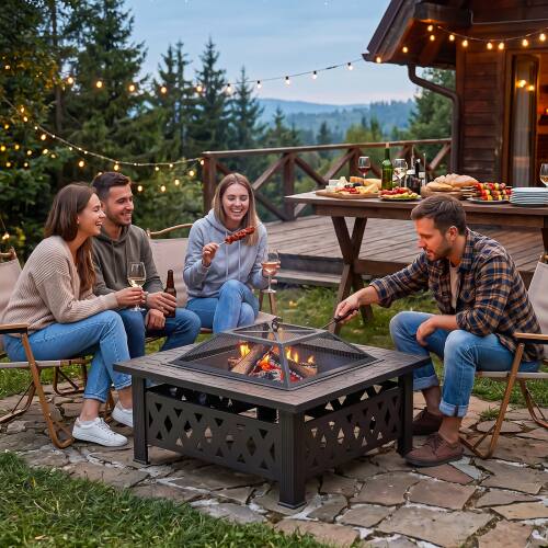 Alt View 9. Winado - 32in Metal Fire Pit Stove, 3-in-1 Square Wood Burning Firepit Table with Cover for Outdoor Camping Garden Party Picnic - Black-Diamond Pattern.