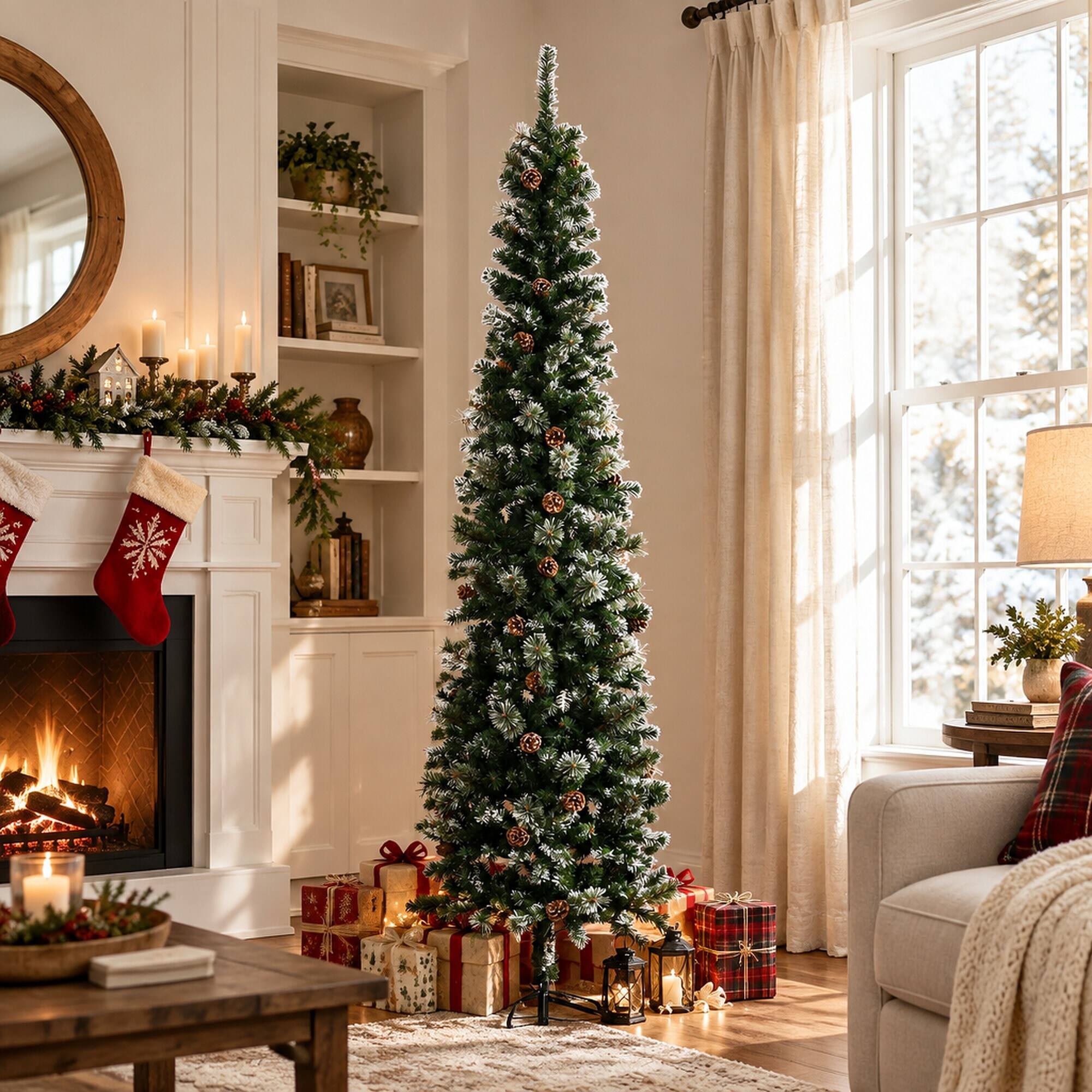 Angle. RYHNUYNE - 7.5 Ft Slim Pencil Green Artificial Christmas Tree With Realistic Pine Needle Branches, Pine Cones Metal Base Decor - Green.