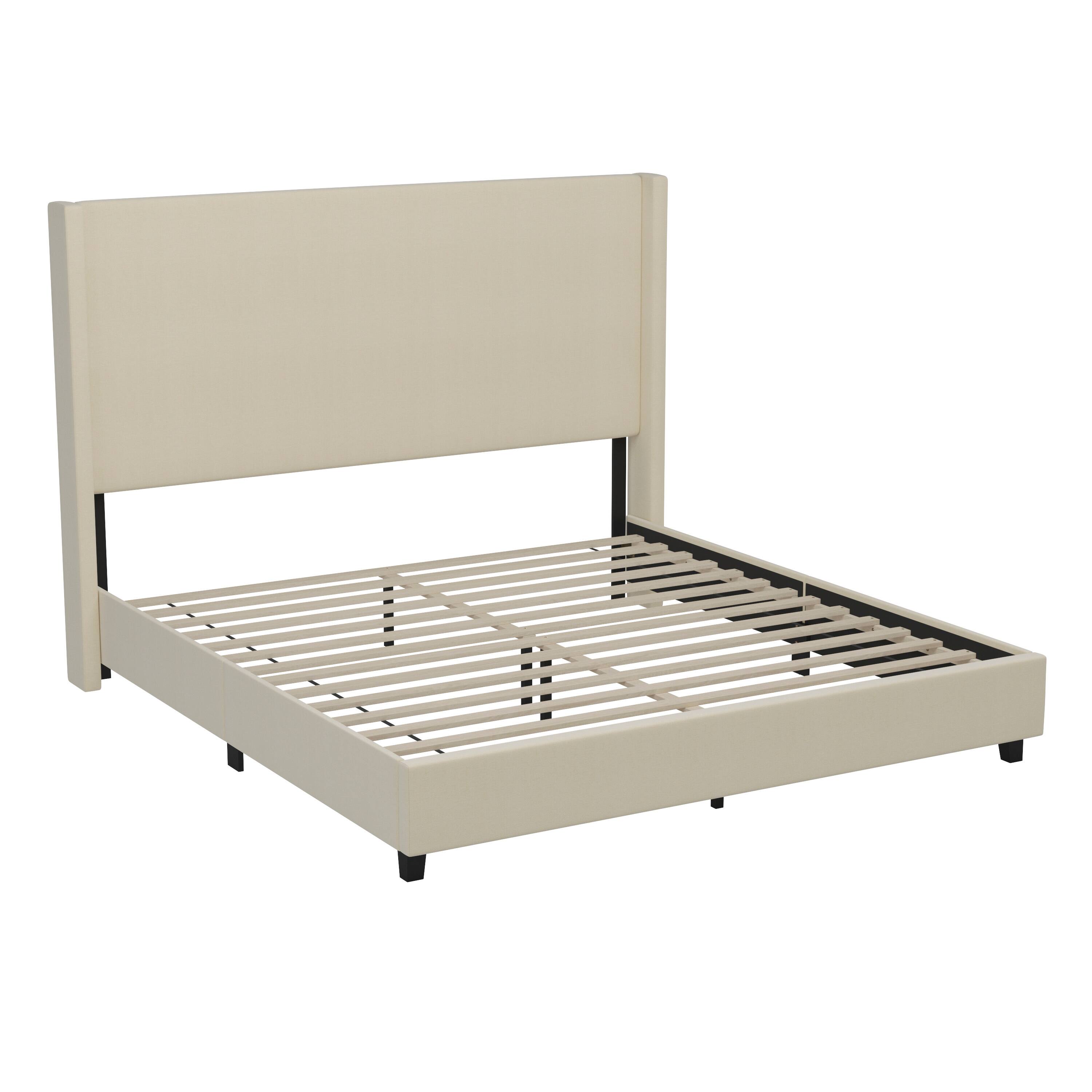 Alt View 1. Emma + Oliver - Nora upholstered Platform Bed with Plush Padded Wingback Headboard and Wood Support Slats - No Box Spring Needed - Beige.