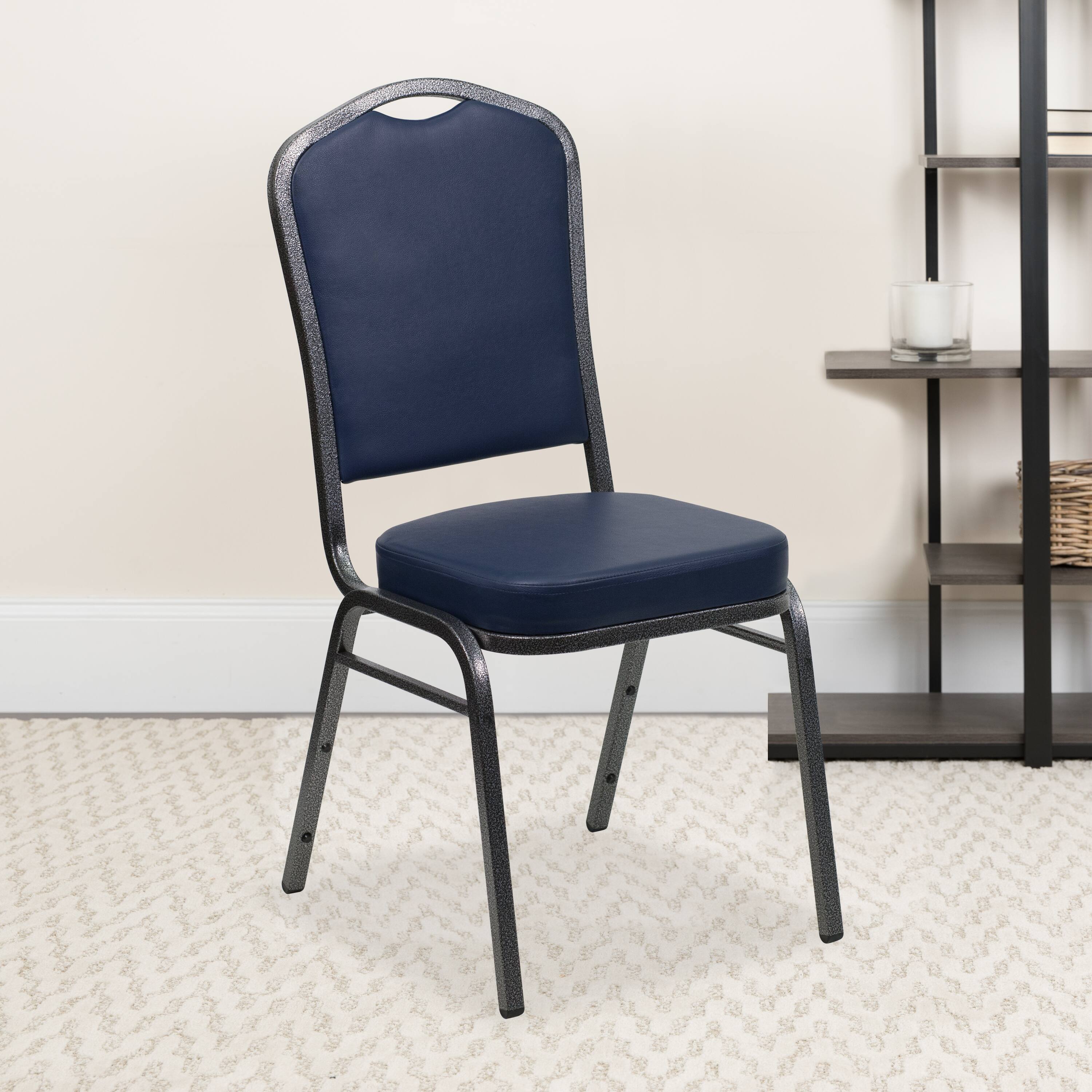 Alt View 2. Emma + Oliver - 4 Pack Crown Back Stacking Banquet Chair - Navy Vinyl/Silver Vein Frame.