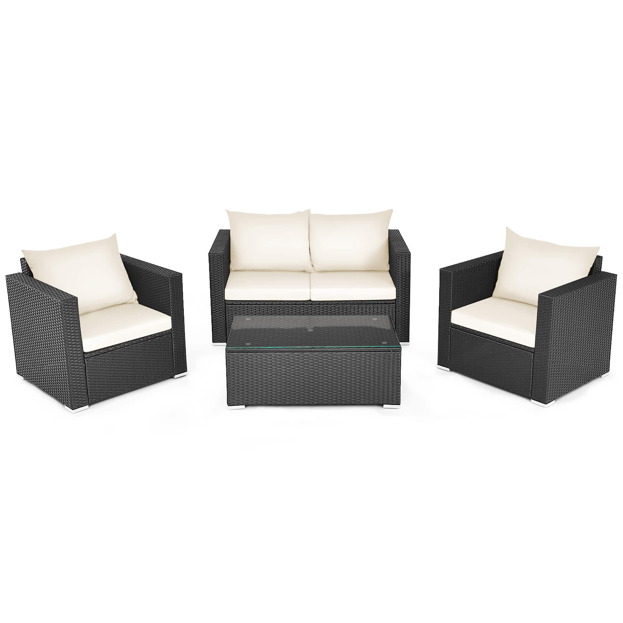 Costway - 4PCS Patio Rattan Furniture Set Cushioned Sofa Chair Coffee Table - Off White