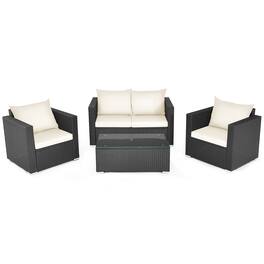 Costway - 4PCS Patio Rattan Furniture Set Cushioned Sofa Chair Coffee Table - Off White