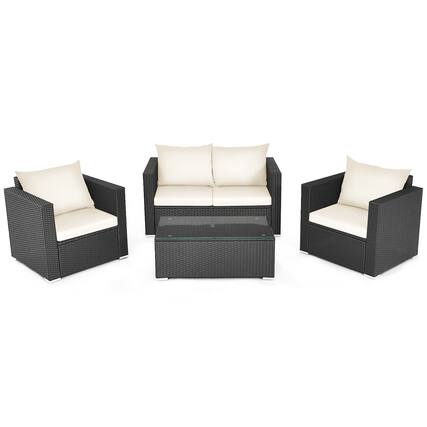 Front. Costway - Costway 4PCS Patio Rattan Furniture Set Cushioned Sofa Chair Coffee Table - Off White.