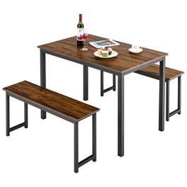 Gymax - Modern 3 PCS Dining Table Bench Set w/ Metal Frame & Wooden Tabletop Brown - Retro Brown