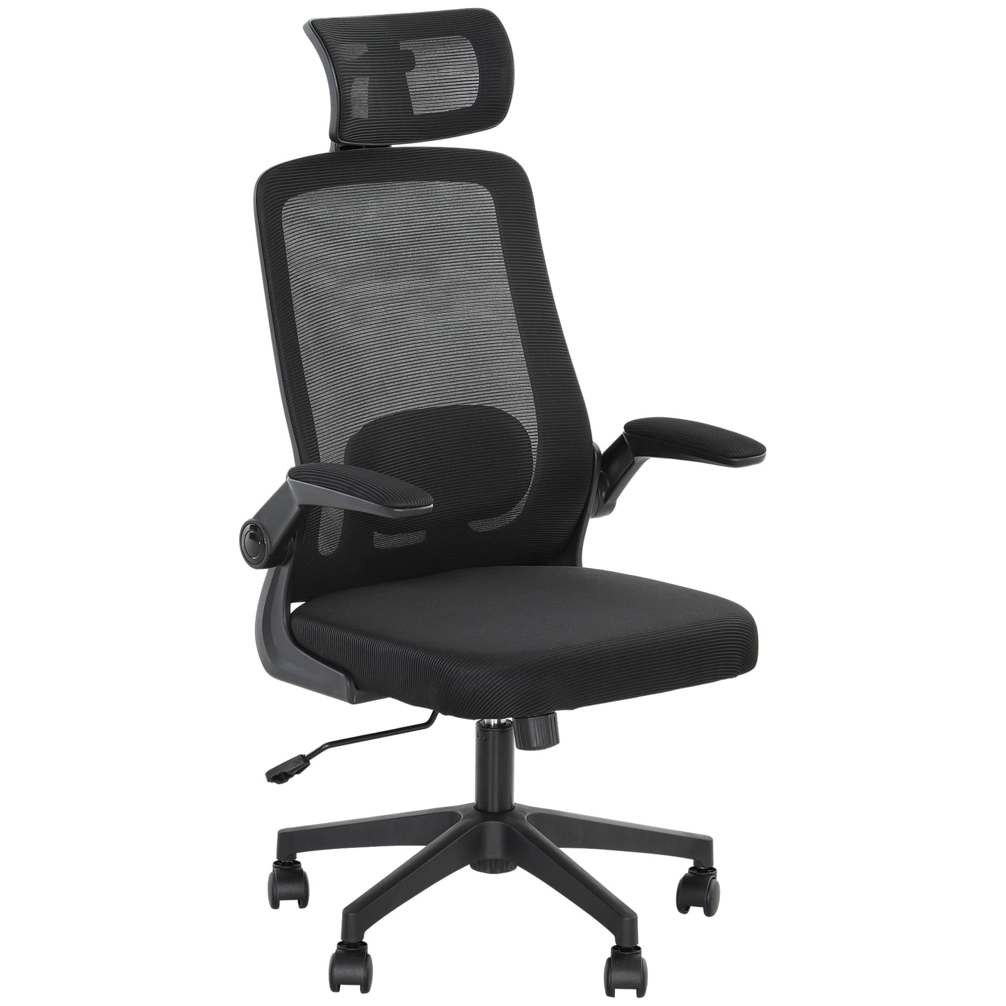 Homcom - Office Chair, High Back Desk Chair with Flip-up Armrest, Rotatable Headrest, Tilt Function, Swivel Wheels - Black