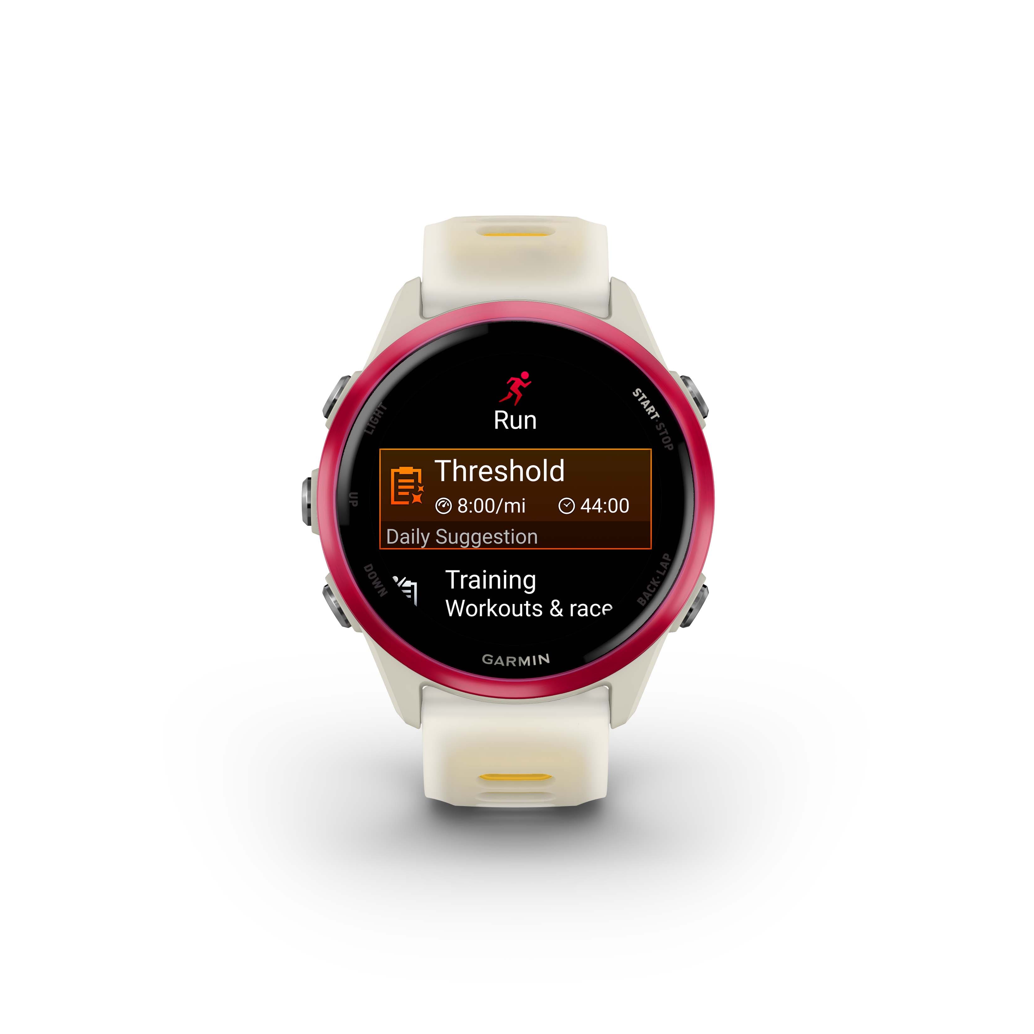 The text on the image reads: "Run START STOP Threshold 8:00/mi 44:00 Daily Suggestion LAP DOWN Training Workouts & race GARMIN."
