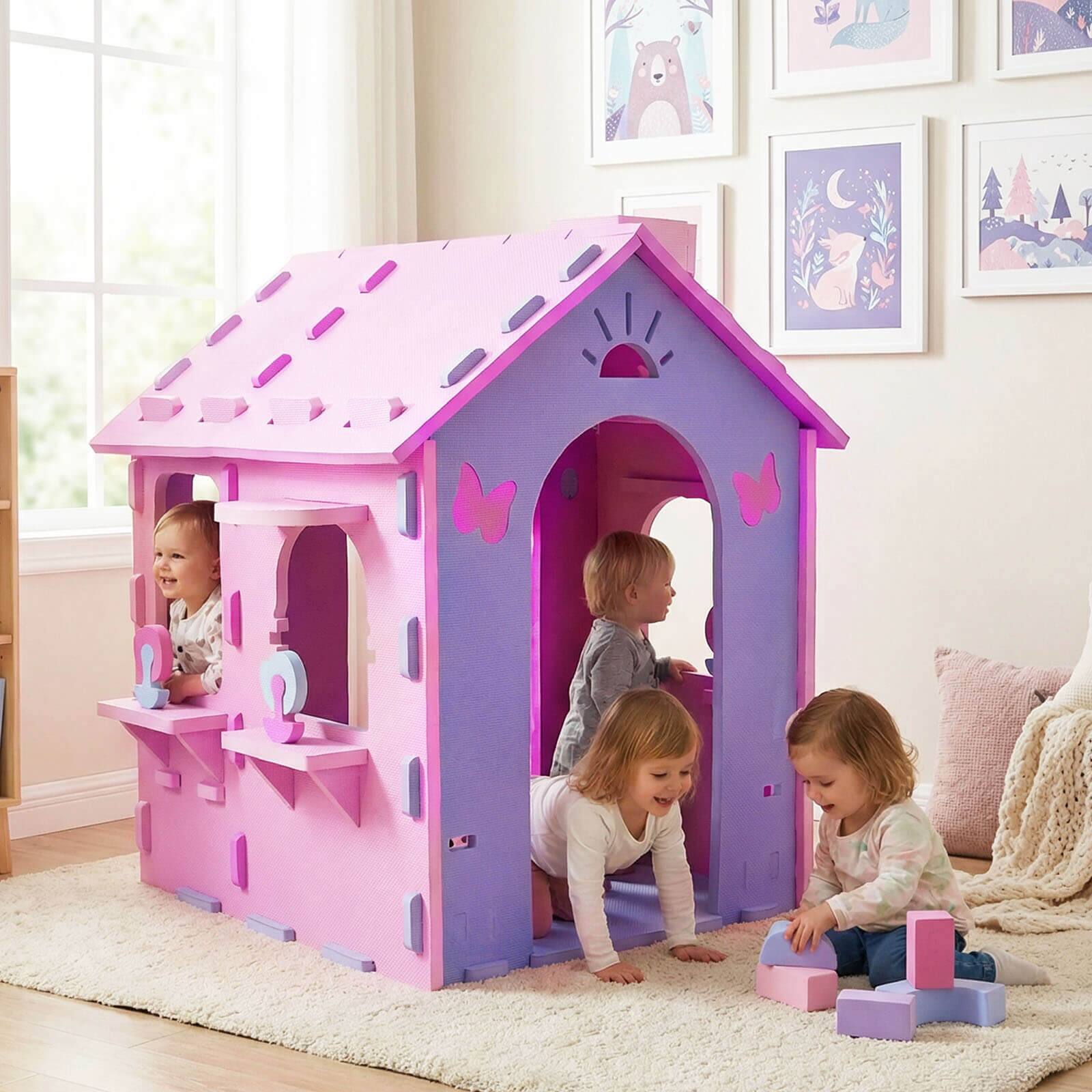 Alt View 3. Costway - Costway Kids EVA Foam Playhouse with Roof, Chimney, Windows & Doorways for Creative Play - Pink + Purple.