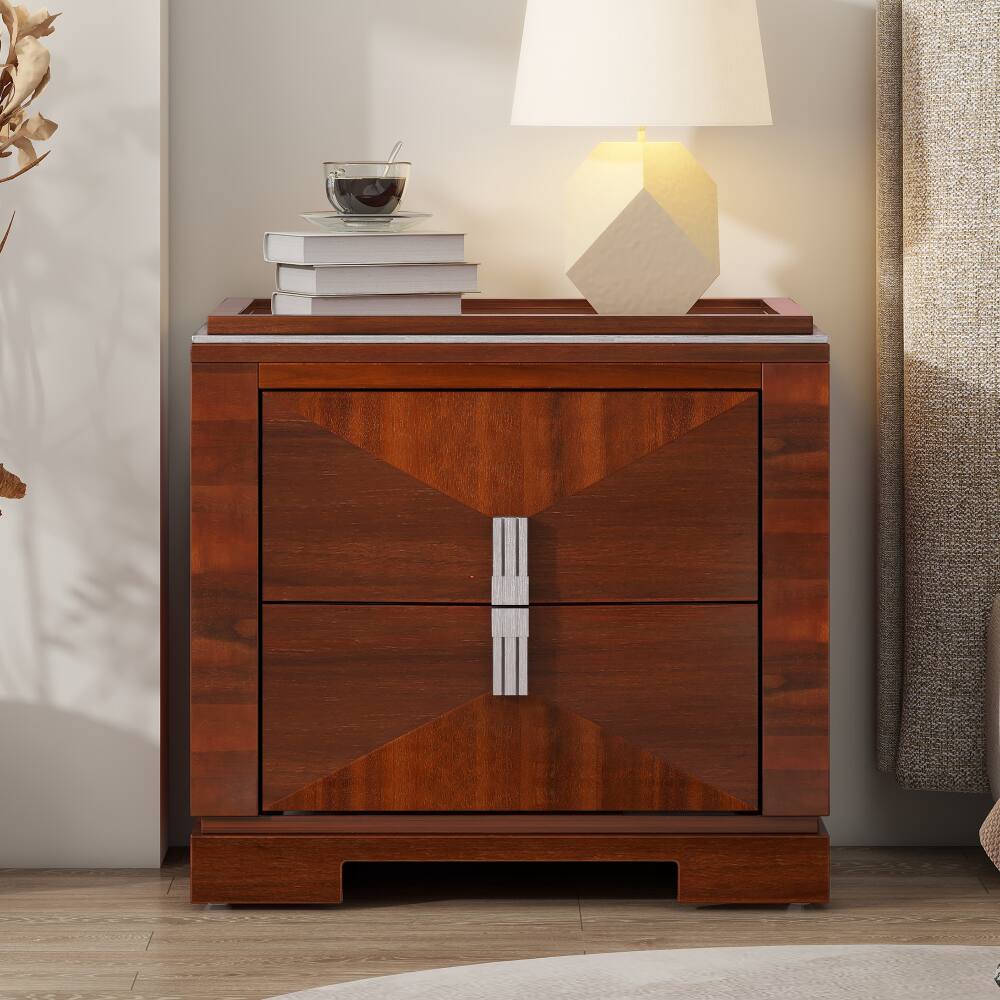 Angle. JUJABU - Mid-Century Modern Nightstand with 2 Drawers Storage, Heavy Duty Base for Bedroom, Dark Brown - Dark Brown.