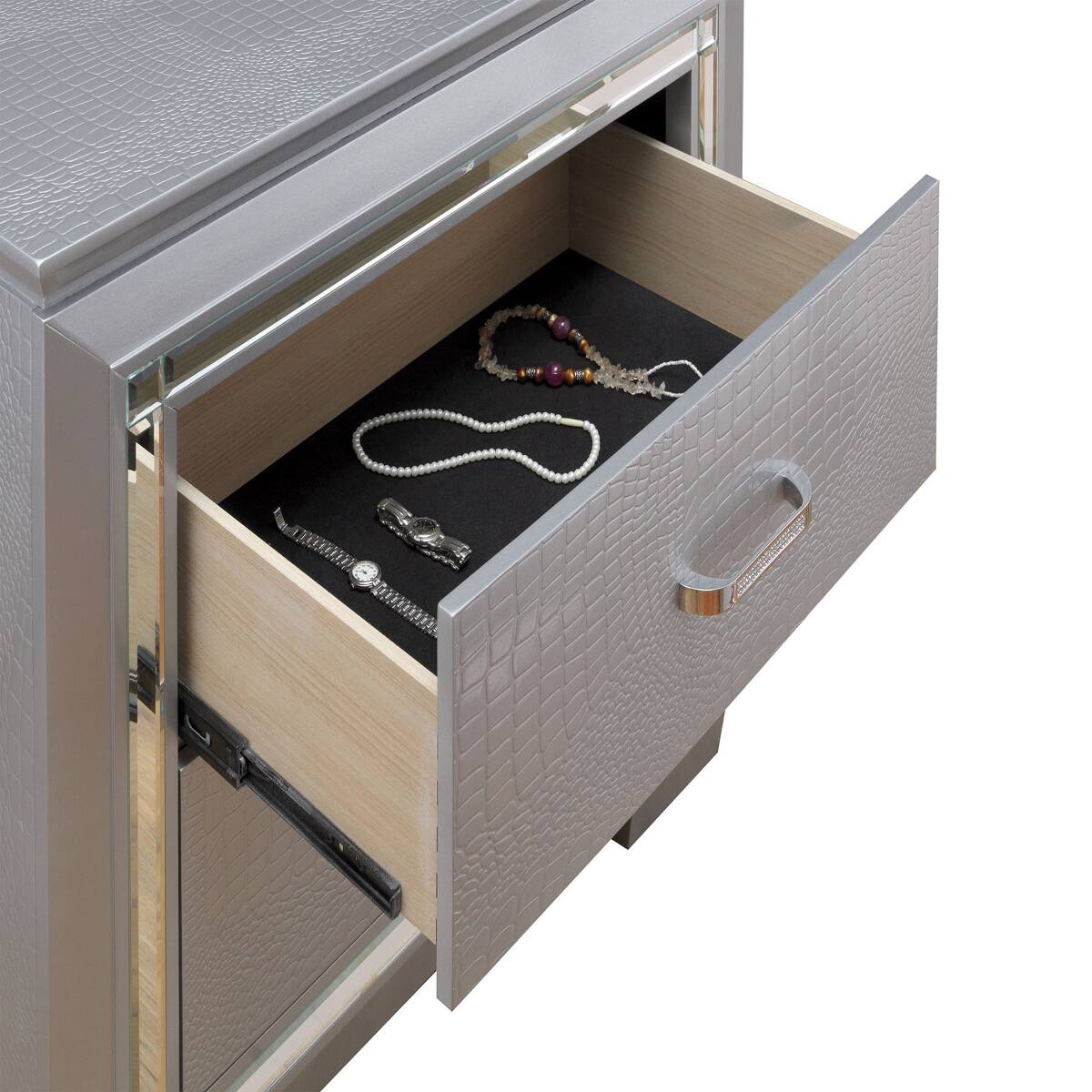 Left. Loheer - Loheer Silver Two Drawer Nightstand with Built In LED Light and Mirror Inserts - Silver.