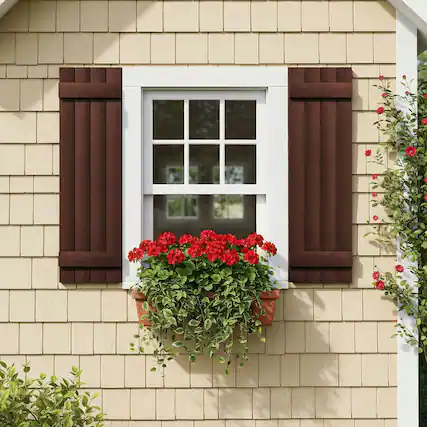 Front. Kadyn - Classic Board & Batten Faux Shutters with 2 Horizontal Bars for Timeless and Durable Exterior Elegance, 14"x43", Red - Red.