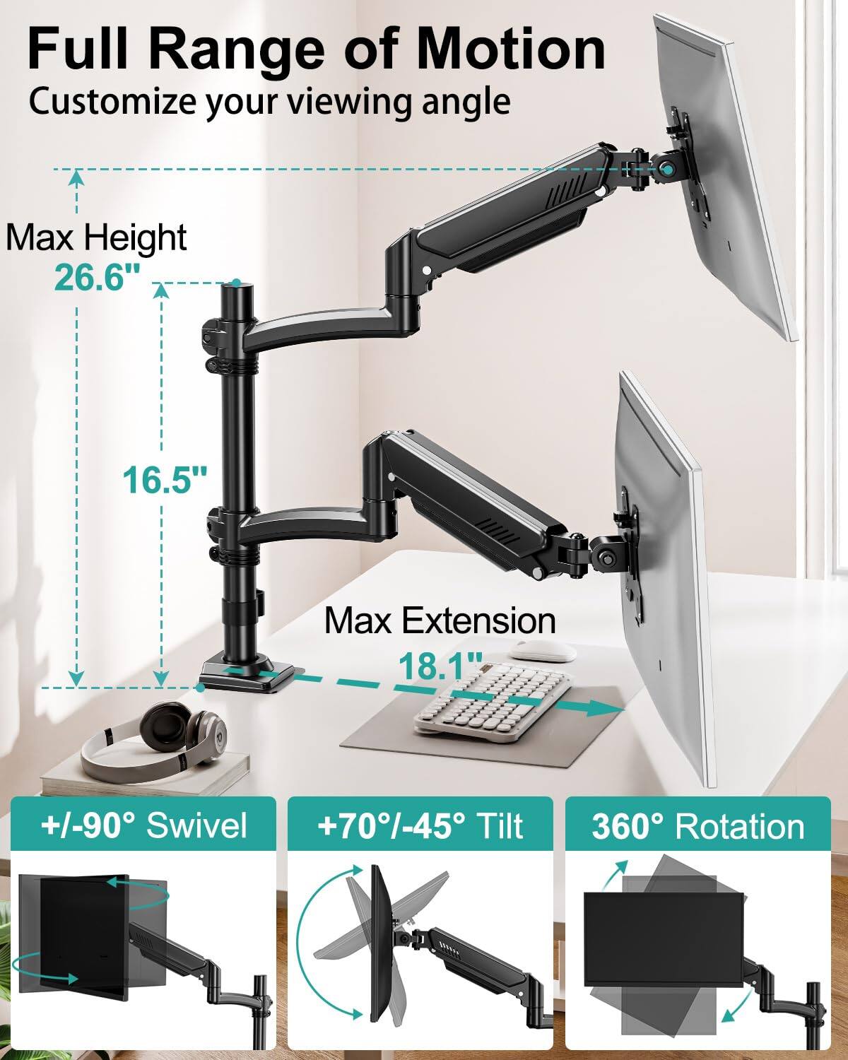 Full Range of Motion  
Customize your viewing angle  

Max Height 26.6"  
Max Extension 18.1"  

+/-90° Swivel  
+70°/-45° Tilt  
360° Rotation
