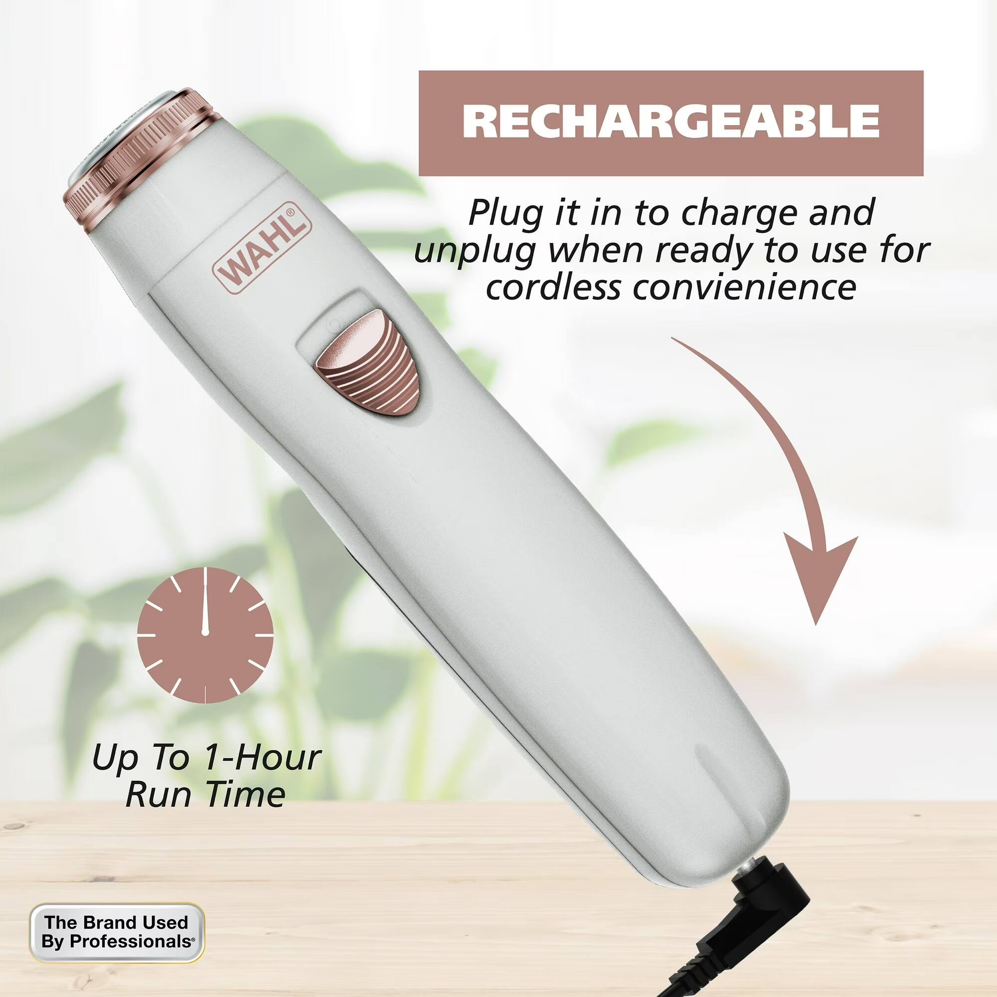 RECHARGEABLE  
Plug it in to charge and unplug when ready to use for cordless convenience  

Up To 1-Hour Run Time  

The Brand Used By Professionals