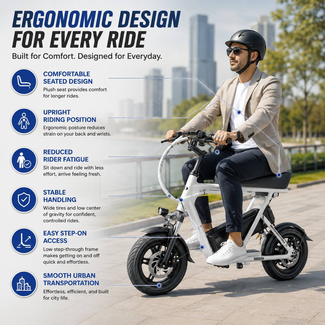ERGONOMIC DESIGN FOR EVERY RIDE  
Built for Comfort. Designed for Everyday.  

COMFORTABLE SEATED DESIGN  
Plush seat provides comfort for longer rides.  

UPRIGHT RIDING POSITION  
Ergonomic posture reduces strain on your back and wrists.  

REDUCED RIDER FATIGUE  
Sit down and ride with less effort, arrive feeling fresh.  

STABLE HANDLING  
Wide tires and low center of gravity for confident, controlled rides.  

EASY STEP-ON ACCESS  
Low step-through frame makes getting on and off quick and effortless.  

SMOOTH URBAN TRANSPORTATION  
Effortless, efficient, and built for city life.