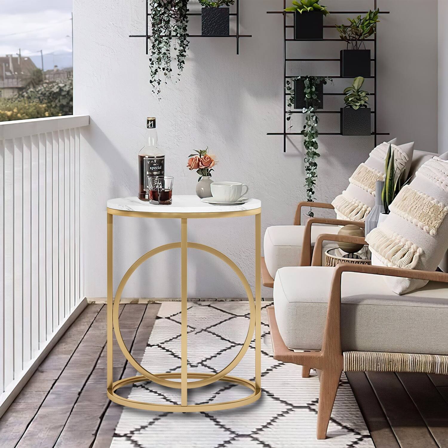 Left. Kadyn - Kadyn Bedside Table, Bed Side Table,Nightstand, Round End Table, Modern Sofa Side Table with Faux Marble Top - White & Gold.