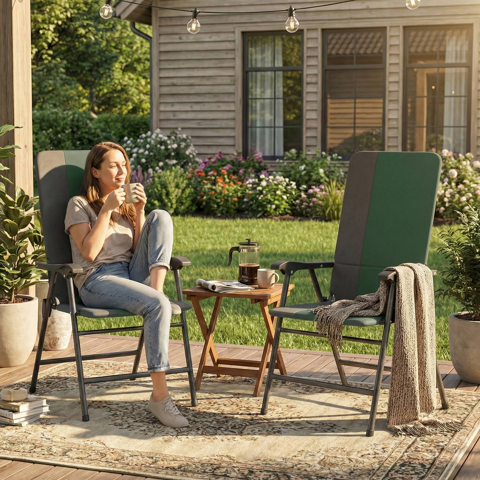 Alt View 8. Outsunny - Patio Chairs Set of 2, Padded High Back Lawn Camping Chairs with Armrests, 600D Oxford Fabric - Dark Green.