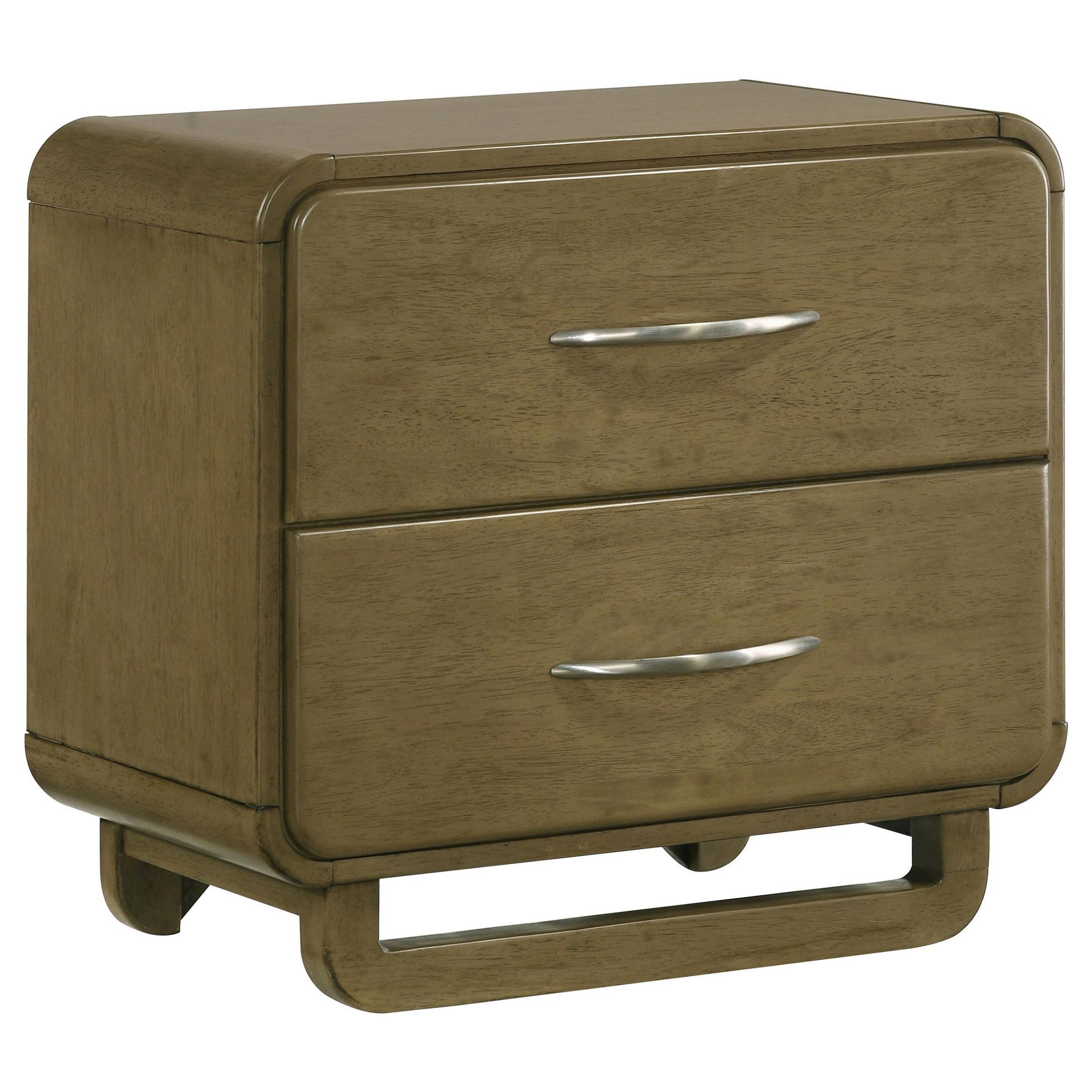 Front. Manhattan Lane - Deon Nightstand, 2 Drawers w Nickel Handles, Sled Legs, Nutmeg - Nutmeg Brown, Chrome.