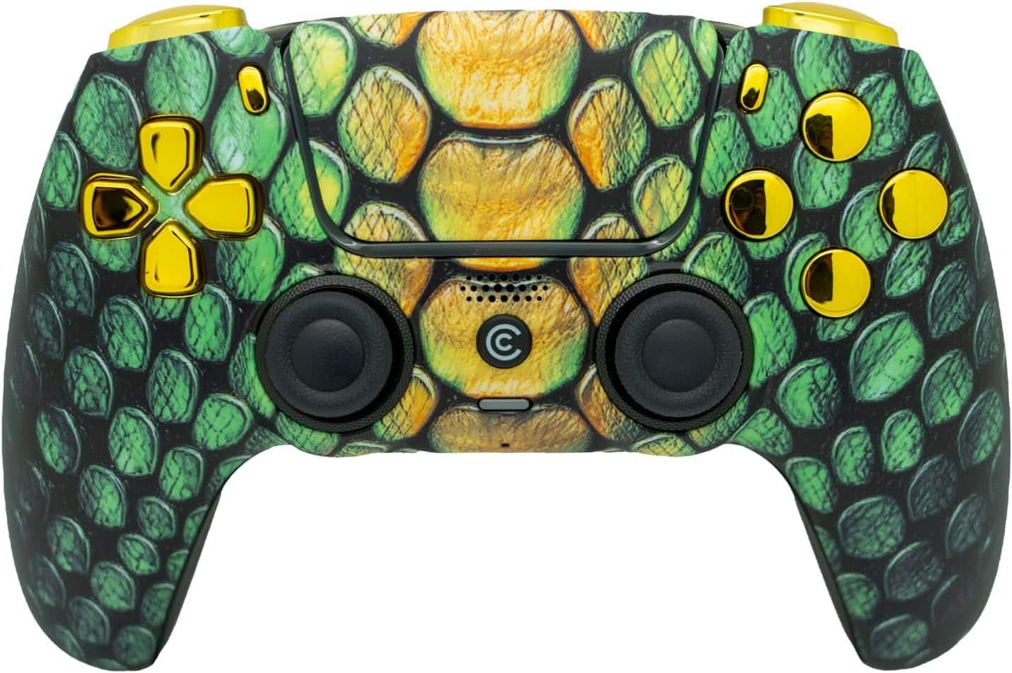 Front. Custom Controllerzz - Custom Wireless Controller for PS5 - Viper Grid & Gold Chrome Inserts.
