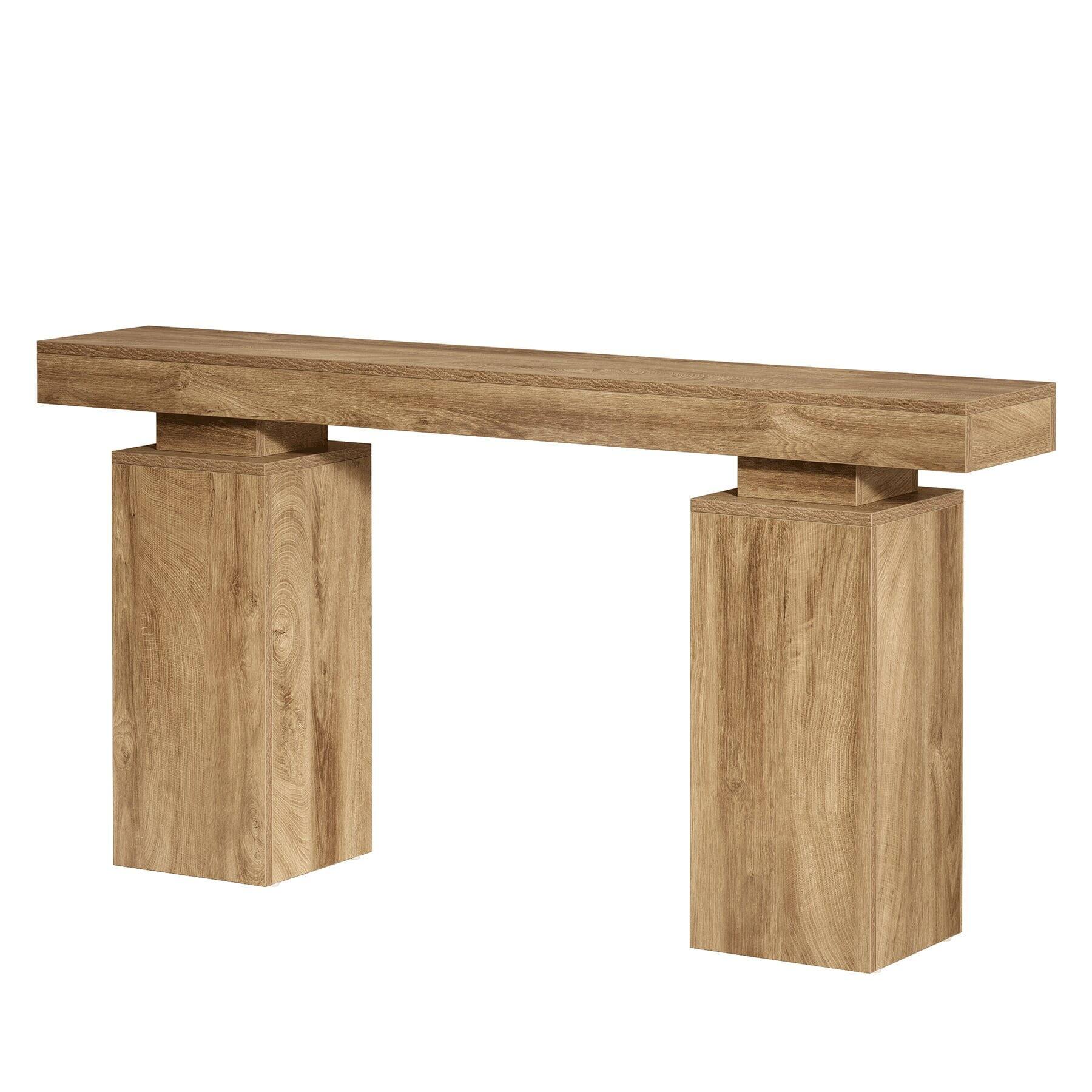 Angle. Kadyn - Geometric Base Console Table - Minimalist Sofa Side Table, Natural Wood Living Room Accessory, Entryway Decor, Brown - Brown.