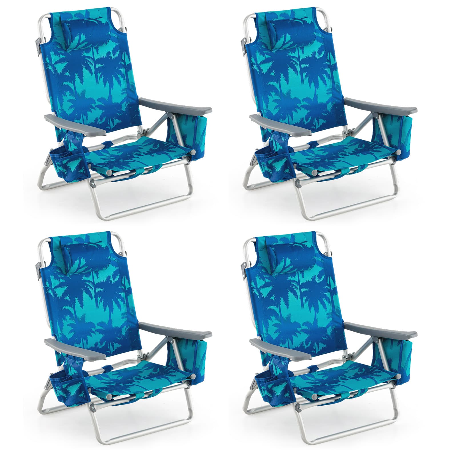 Gymax - 4 PCS Beach Chair 5-Position Outdoor Reclining Chairs w/ Head Pillow & Storage Bag - Blue