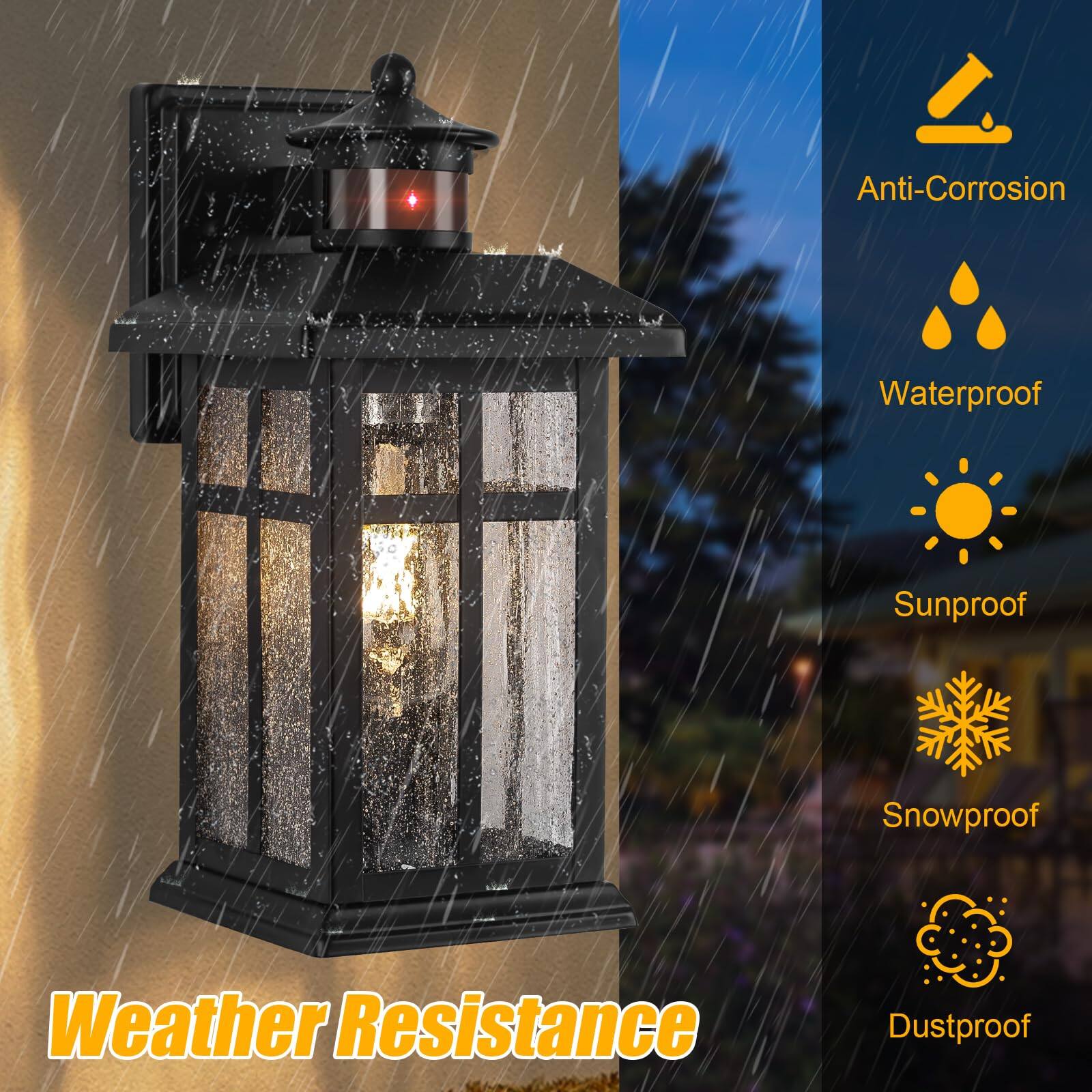 Anti-Corrosion  
Waterproof  
Sunproof  
Snowproof  
Dustproof  

Weather Resistance