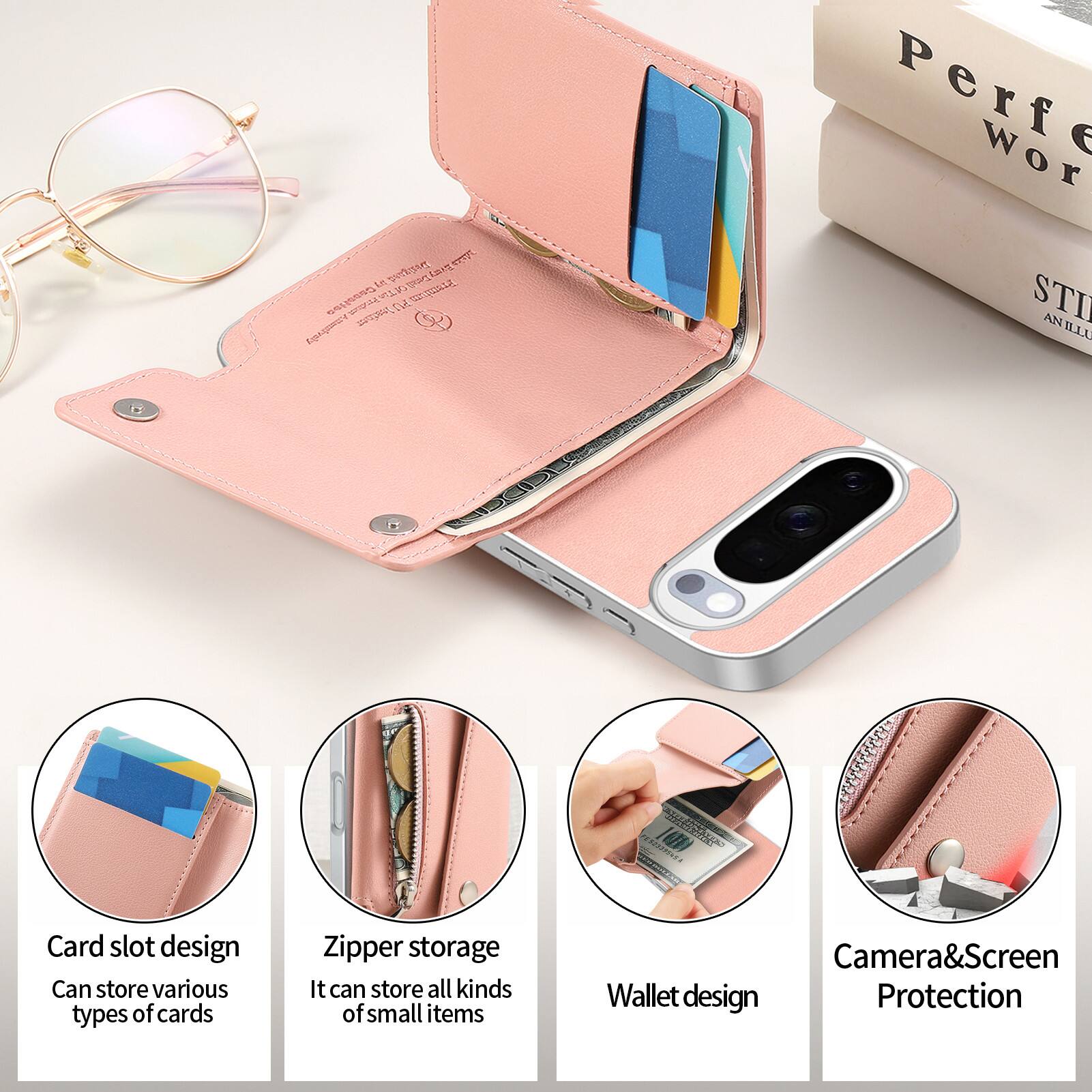 Designed by Tan Every Denil Premium Casualies leather PU Attestively

Perfect World
STI AN ILLU

Card slot design
Can store various types of cards

Zipper storage
It can store all kinds of small items

Wallet design

Camera&Screen Protection