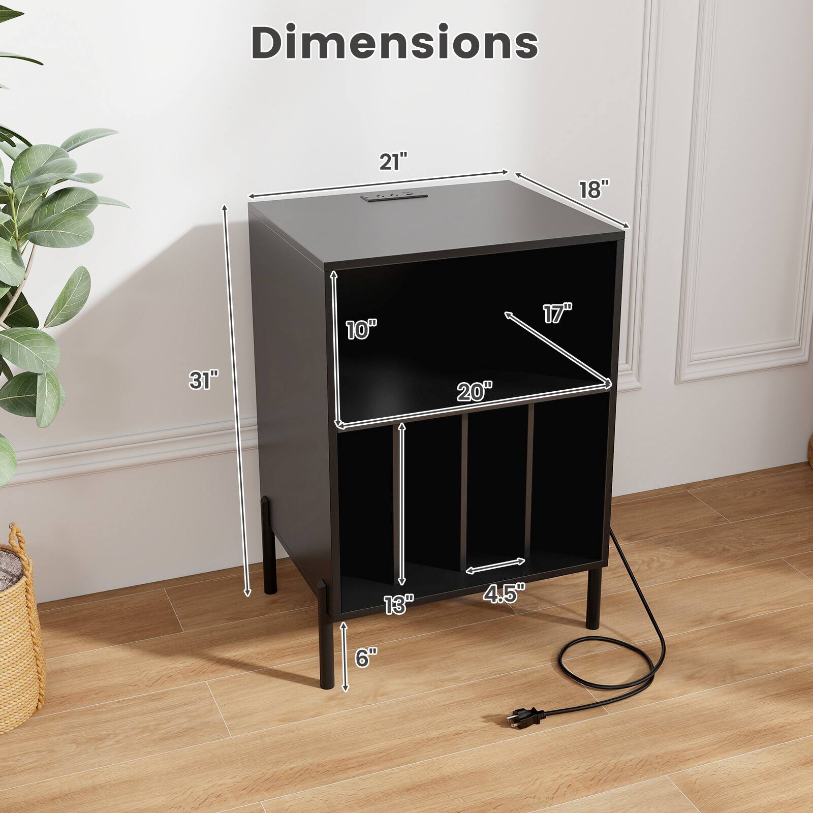 Dimensions:  
- Width: 21"  
- Depth: 18"  
- Height: 31"  
- Shelf Height: 10"  
- Shelf Depth: 17"  
- Shelf Width: 20"  
- Drawer Height: 13"  
- Drawer Depth: 4.5"  
- Drawer Width: 6"