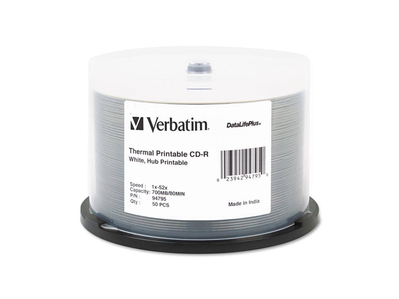 Verbatim. DataLifePlus. Thermal Printable CD-R White, Hub Printable  
Speed: 1x-52x  
Capacity: 700MB/80MIN  
P/N: 94795  
Qty: 50 PCS  
Made in India