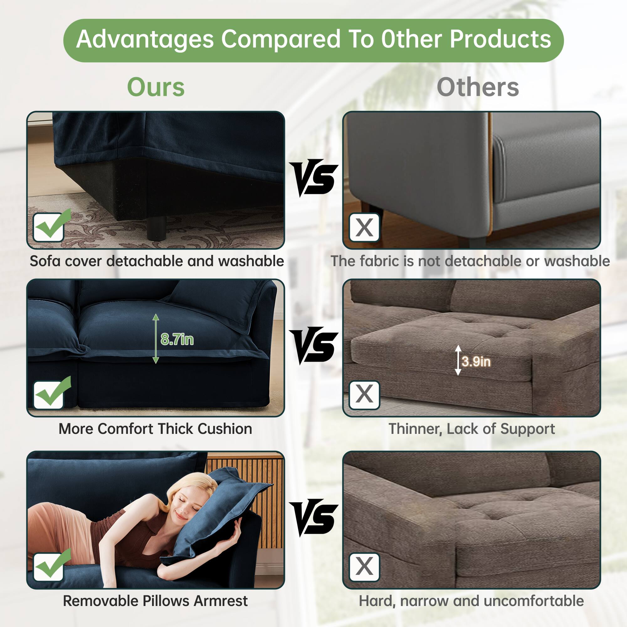 Advantages Compared To Other Products

Ours VS Others

- Sofa cover detachable and washable
  - The fabric is not detachable or washable

- More Comfort Thick Cushion
  - 8.7in VS 3.9in
  - Thinner, Lack of Support

- Removable Pillows Armrest
  - Hard, narrow and uncomfortable