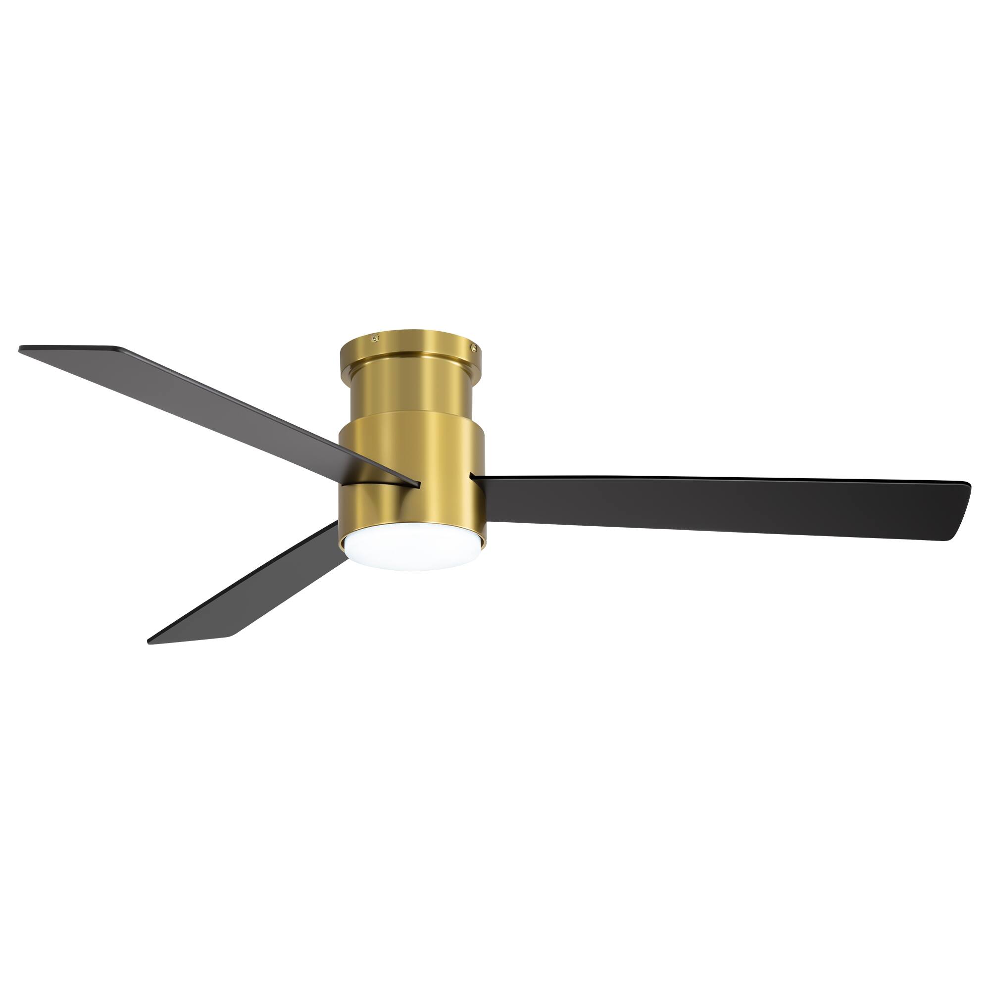 Angle. Breezary - 52'' Flush Mount Ceiling Fan with 3 Plywood Blades, 3-Color Light, 6-Speed DC Motor, Remote with Timer & Memory - Golden and Matte Black.