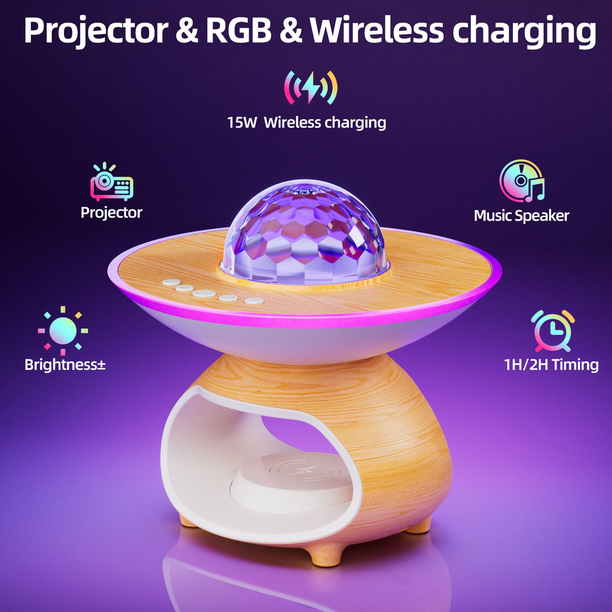 Projector & RGB & Wireless charging

15W Wireless charging

Projector

Music Speaker

Brightness±

1H/2H Timing