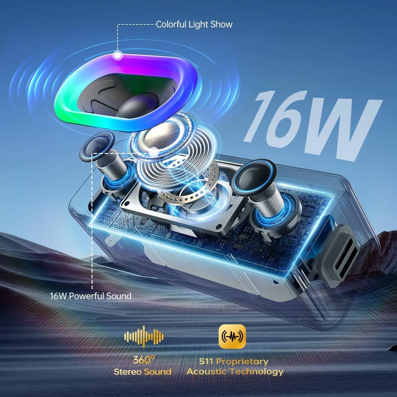 - Colorful Light Show
- 16W Powerful Sound
- 360° Stereo Sound
- S11 Proprietary Acoustic Technology