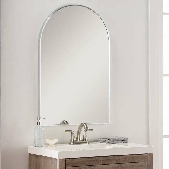 Left. BreeBe - 20x30 Inch Silver Metal Framed Arched Bathrrom Mirror for Wall. - Silver.