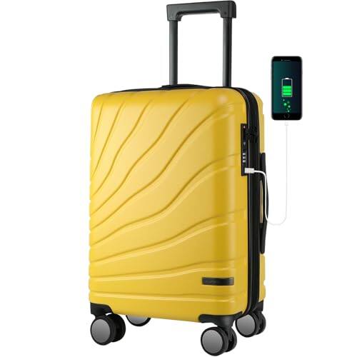 Vulpecula Spade- Carry On Luggage with Spinner Wheels & TSA Lock, Expandable Fashionable Hard Shell Suitcase airline approved，20 Inch- Yellow
