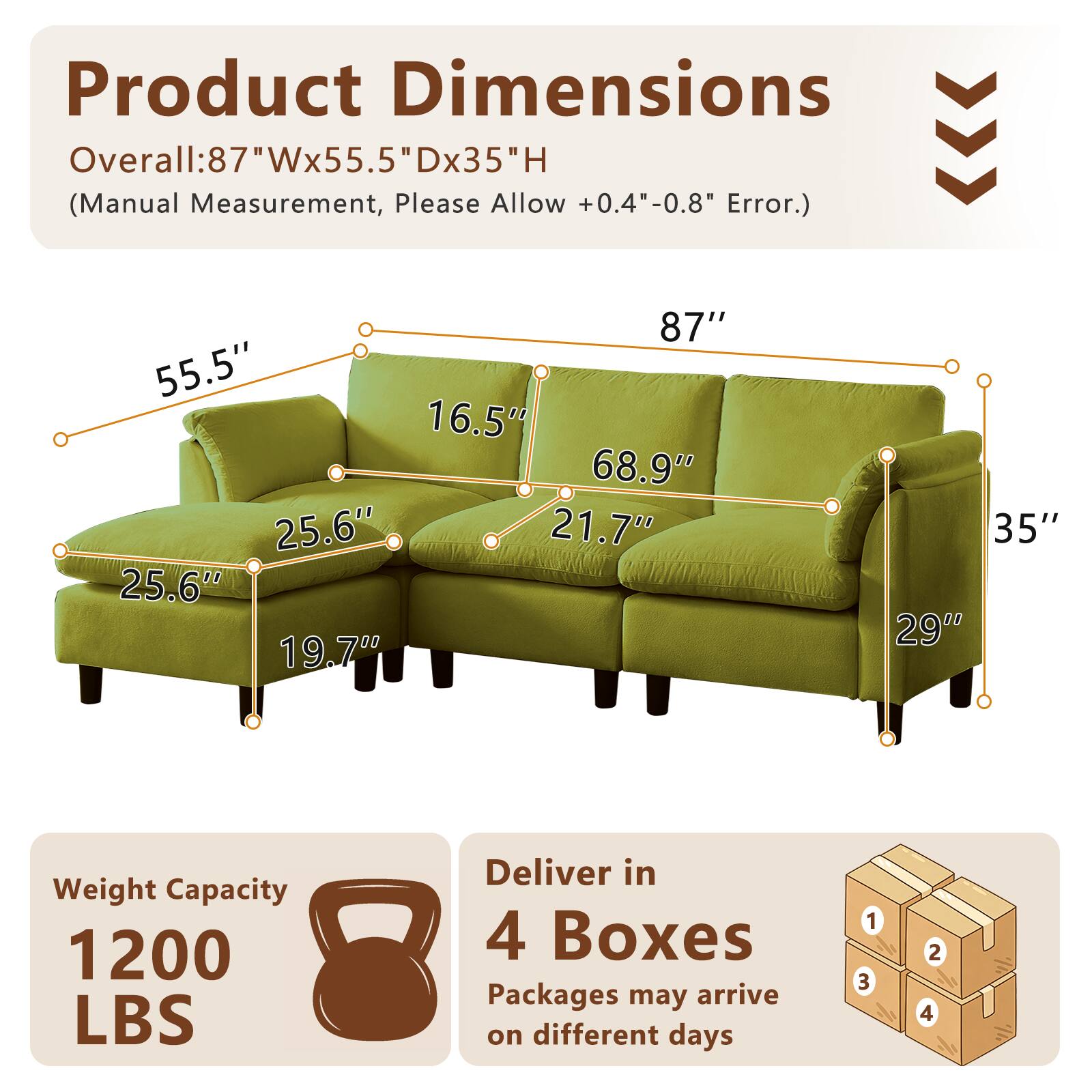 Product Dimensions Overall: 87"Wx55.5"Dx35"H (Manual Measurement, Please Allow +0.4"-0.8" Error.)  
87" 55.5" 16.5" 68.9" 25.6" 21.7" 25.6" 19.7" 35" 29"  
Weight Capacity: 1200 LBS  
Deliver in 4 Boxes  
Packages may arrive on different days
