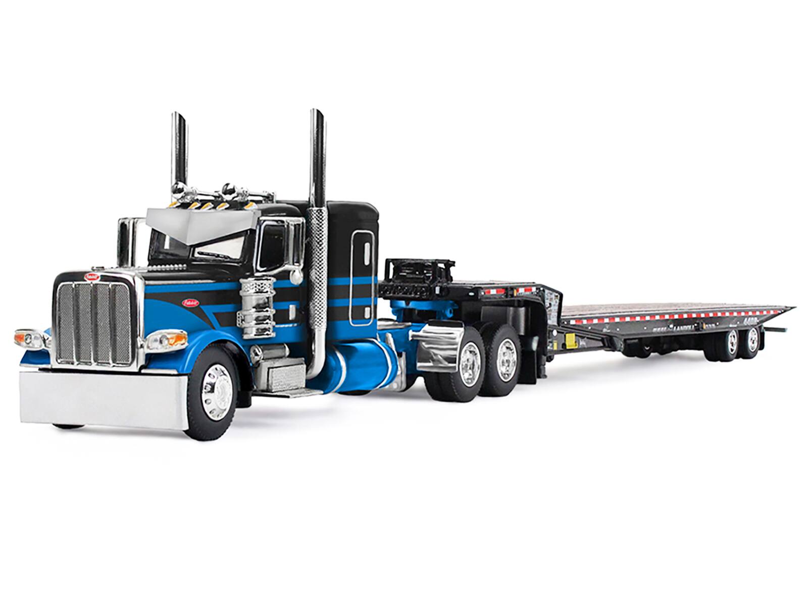 Alt View 1. First Gear - Peterbilt 389 with 48" Flat Top Sleeper and Landoll Traveling Axle Trailer Black with Blue 1/64 Model by DCP/First Gear.