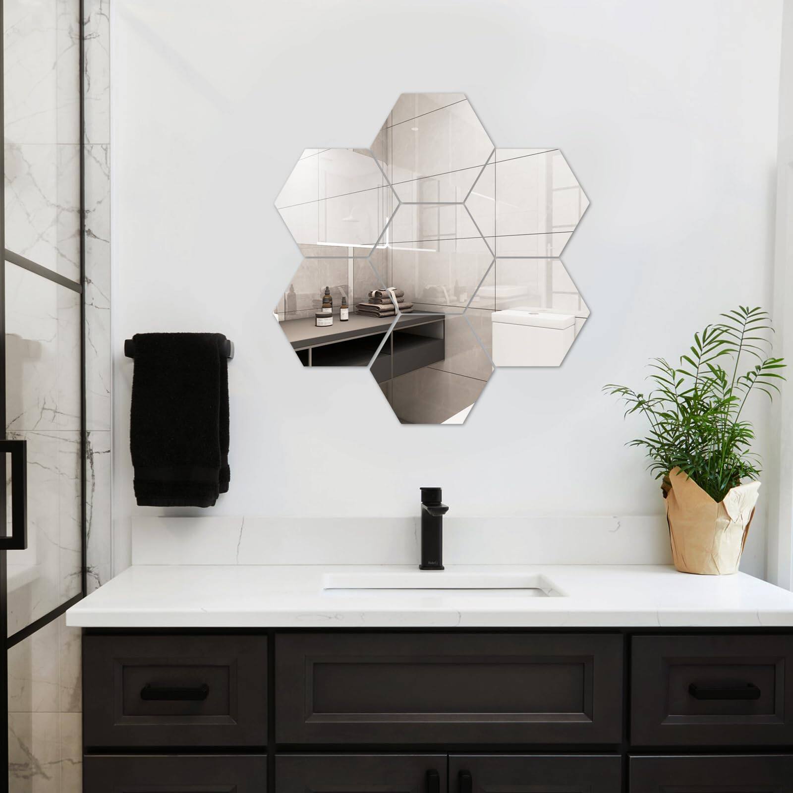 Alt View 3. TECH SAFARI - Pack Mirror Stickers d Hexagon Flexible Plastic Tiles For Wall Frameless Non glass Full Length Stick On Esp - Hexagon 11.8" x 11.8"-4Pcs.