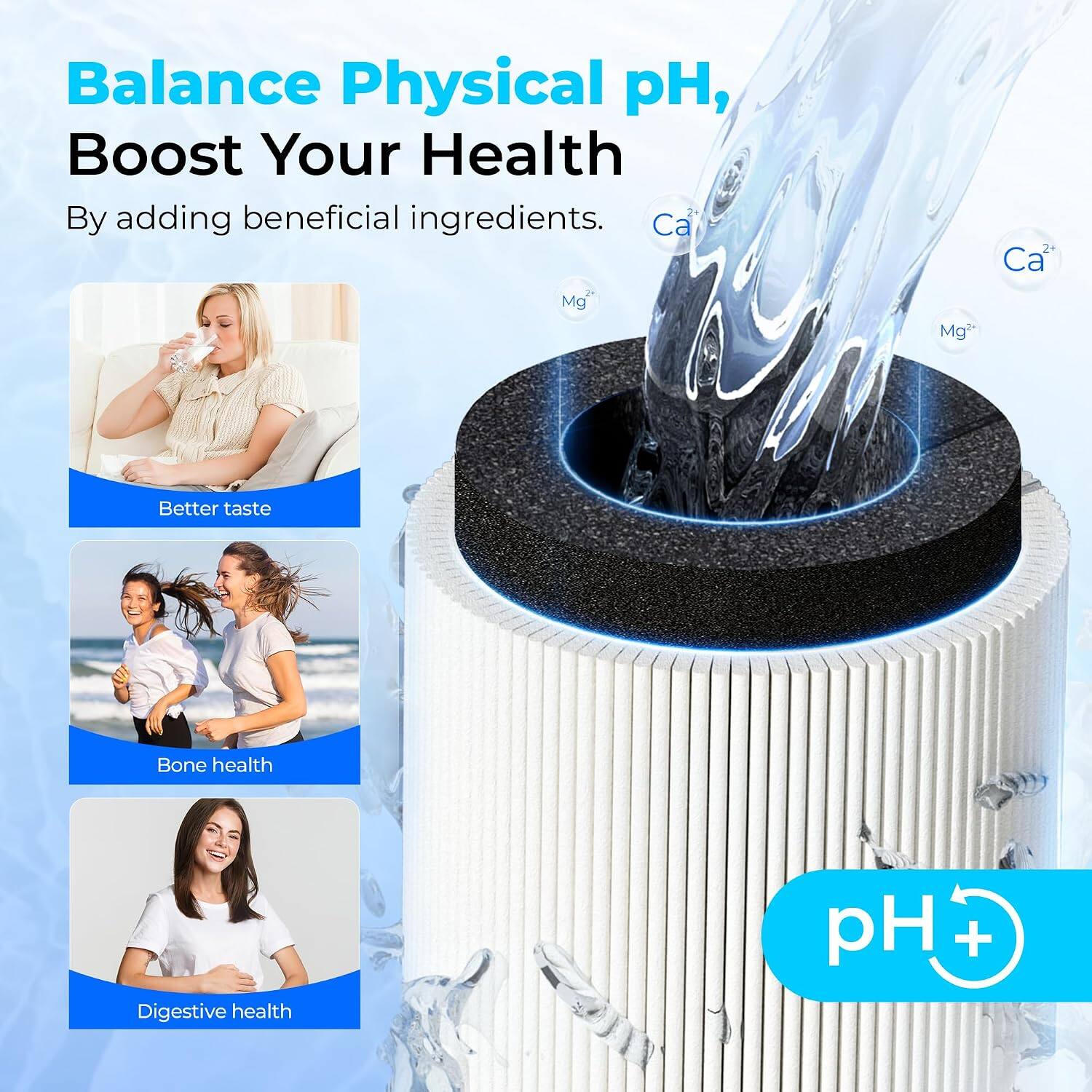 Balance Physical pH, Boost Your Health  
By adding beneficial ingredients.  

- Better taste  
- Bone health  
- Digestive health  

Ca²⁺  
Mg²⁺  

pH +