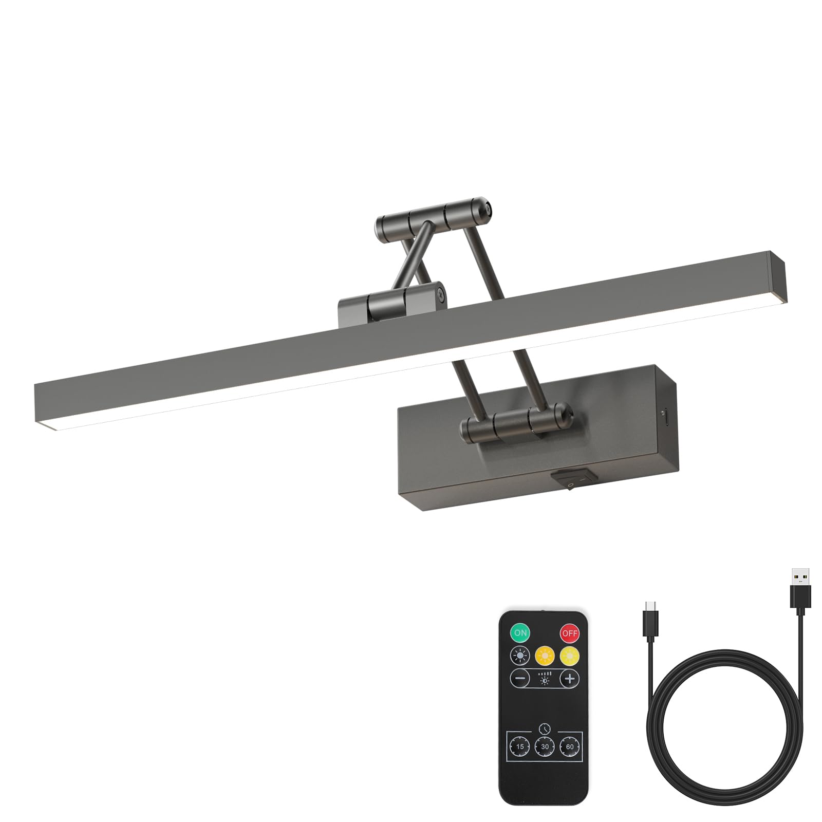 TECH SAFARI - Rechargeable Lights For Pictures On Wall Operated Brushed Grey Inch With Swing Arm And Timer Function Cordl - Battery Operated Brushed Grey 15.7 inch