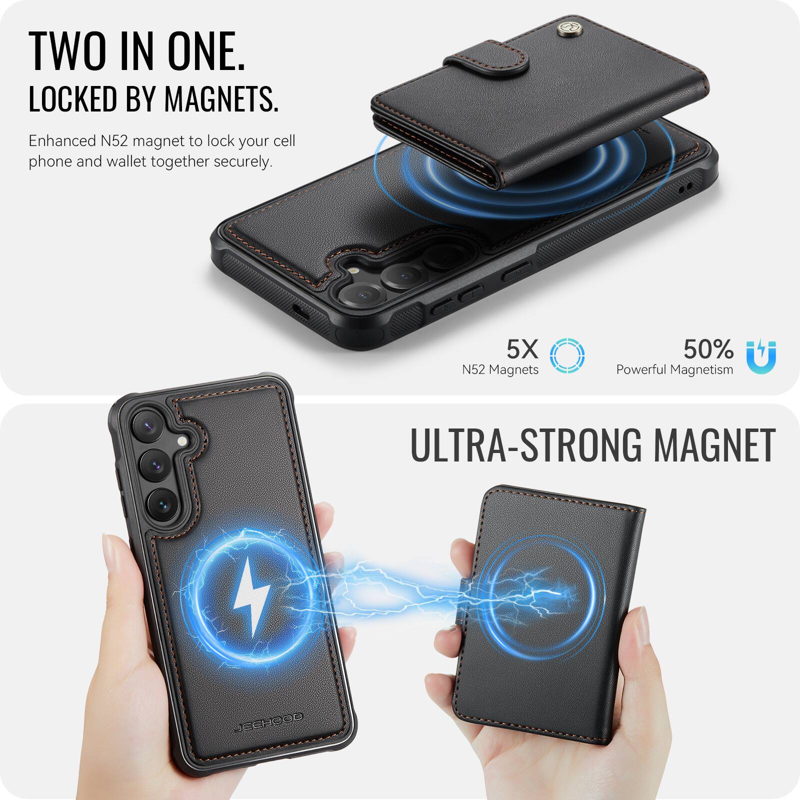 TWO IN ONE. LOCKED BY MAGNETS.  
Enhanced N52 magnet to lock your cell phone and wallet together securely.  
5X N52 Magnets  
50% Powerful Magnetism  
ULTRA-STRONG MAGNET