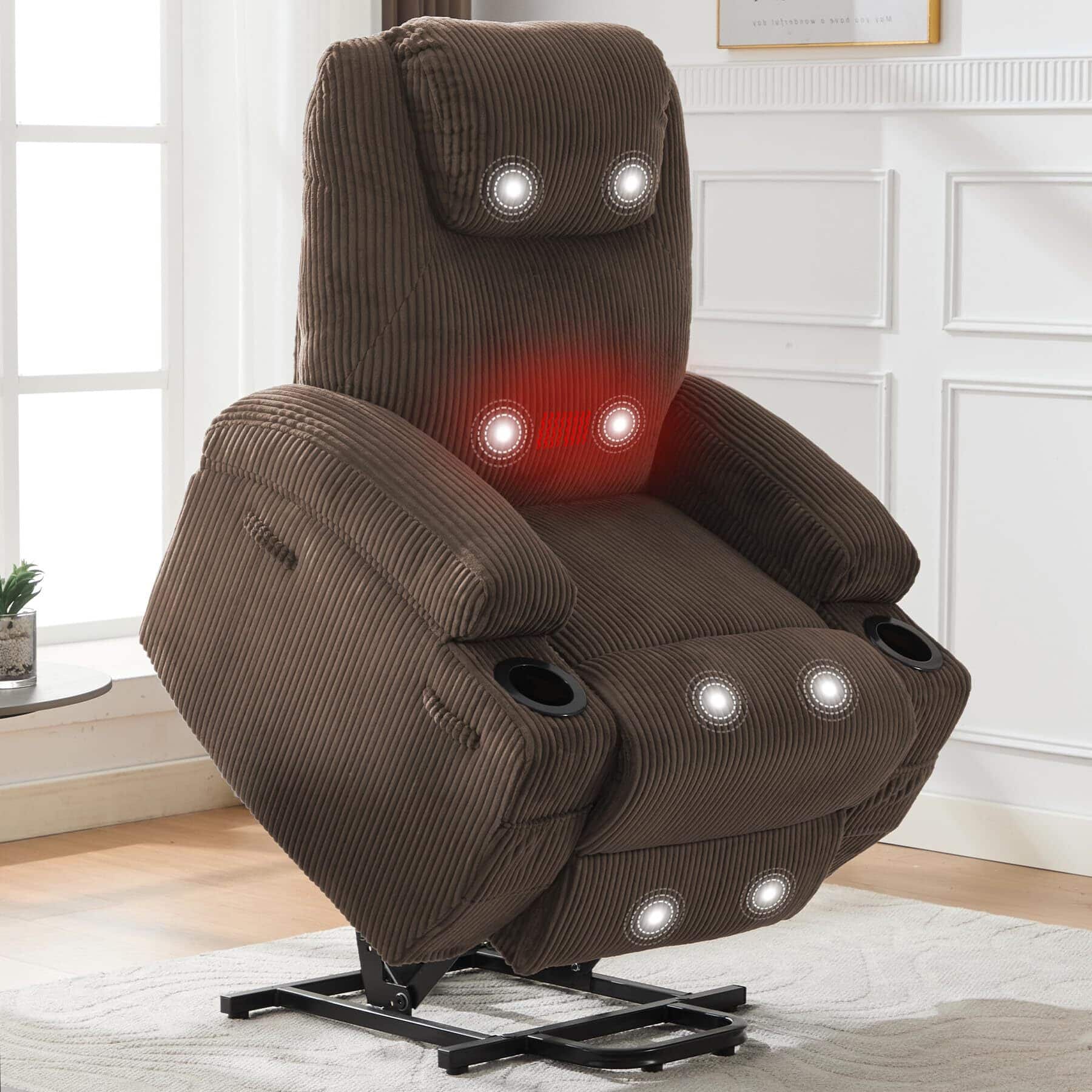 Acekool - Elderly Power Lift Recliner Chair - 155° Reclining Electric Lift Chair with Massage, Heat, 2 Cup Holders - Brown
