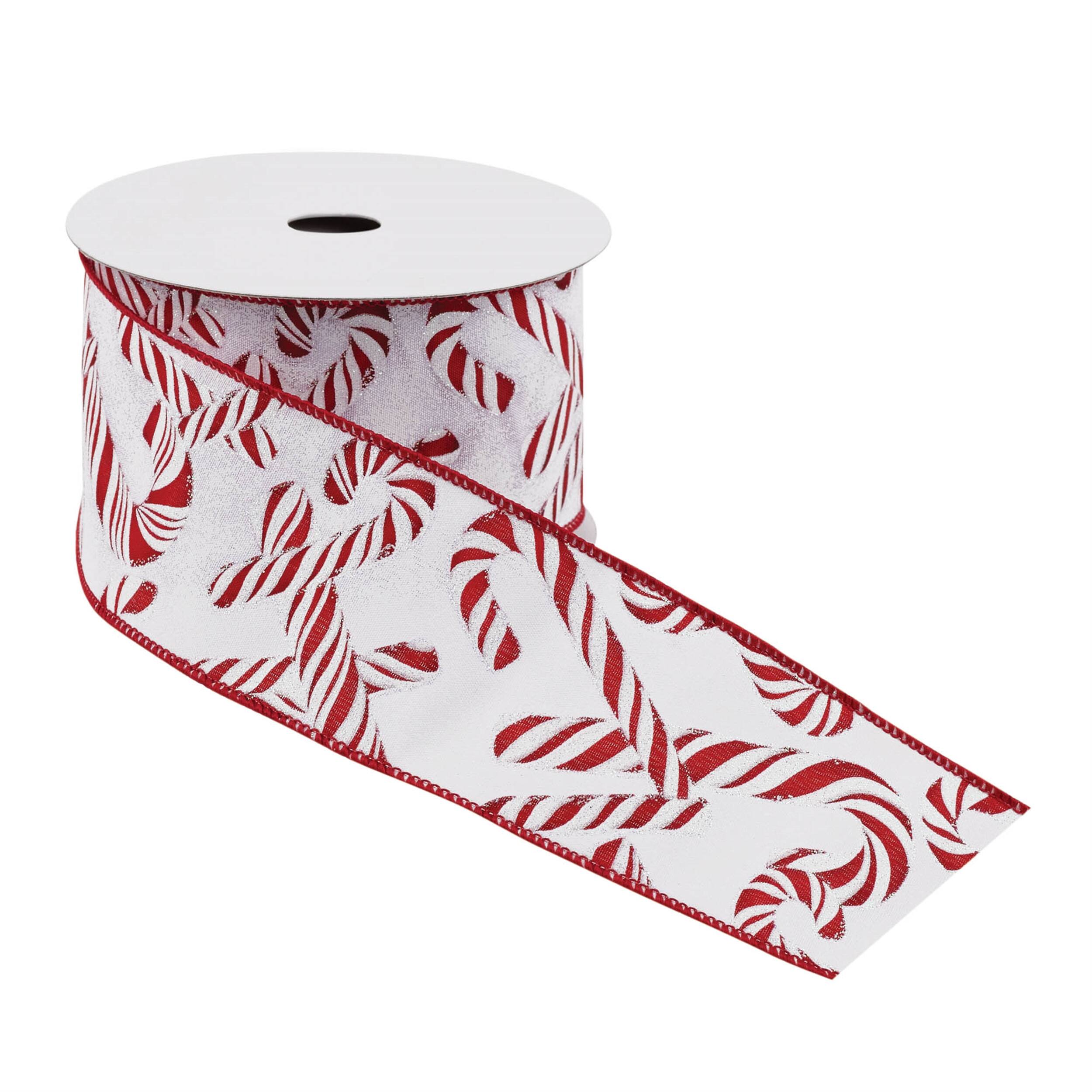 Angle. BreeBe - Candy Cane Print Wired Ribbon (Set of 2) - Red, White.