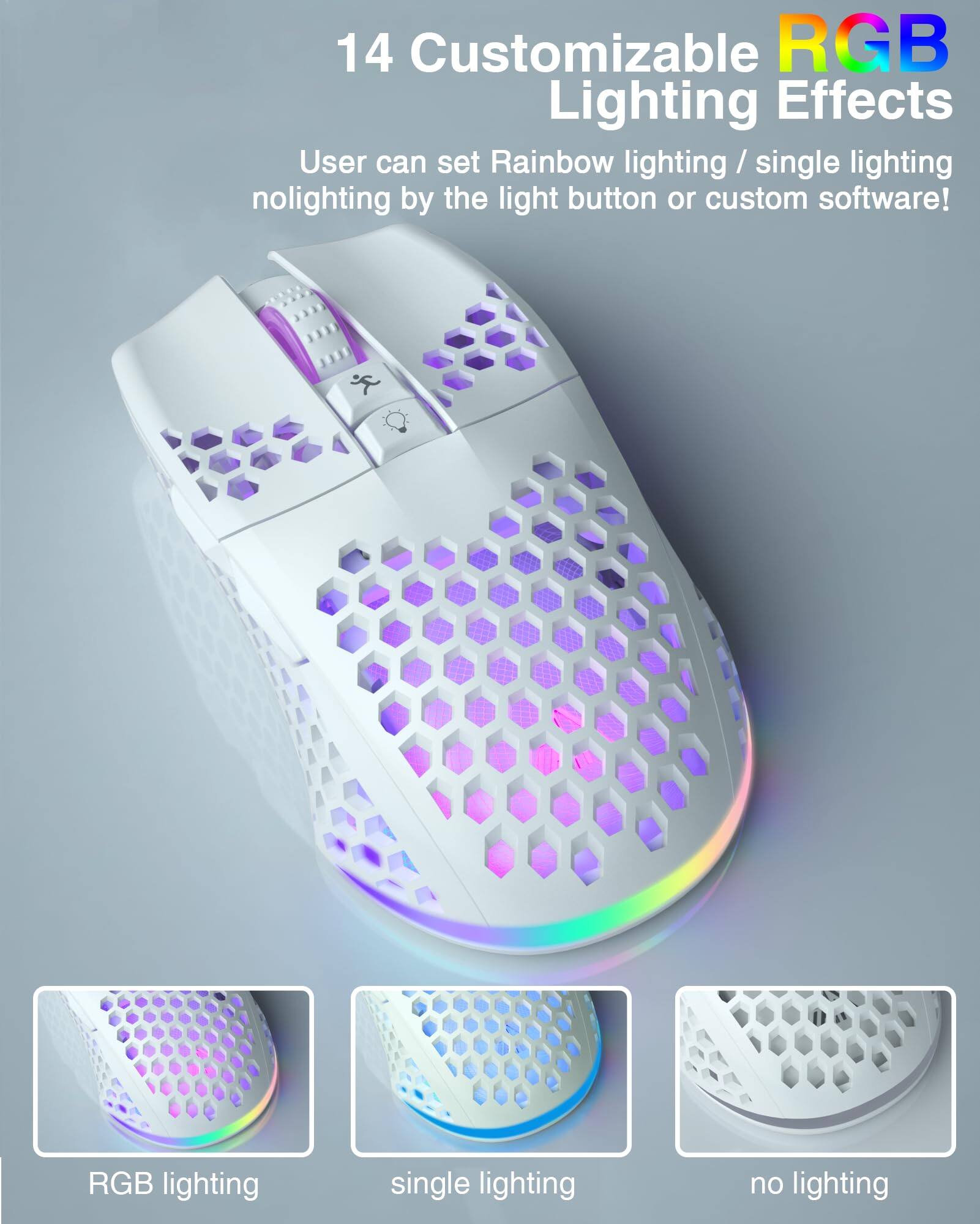 14 Customizable RGB Lighting Effects

User can set Rainbow lighting / single lighting / no lighting by the light button or custom software!

RGB lighting
single lighting
no lighting