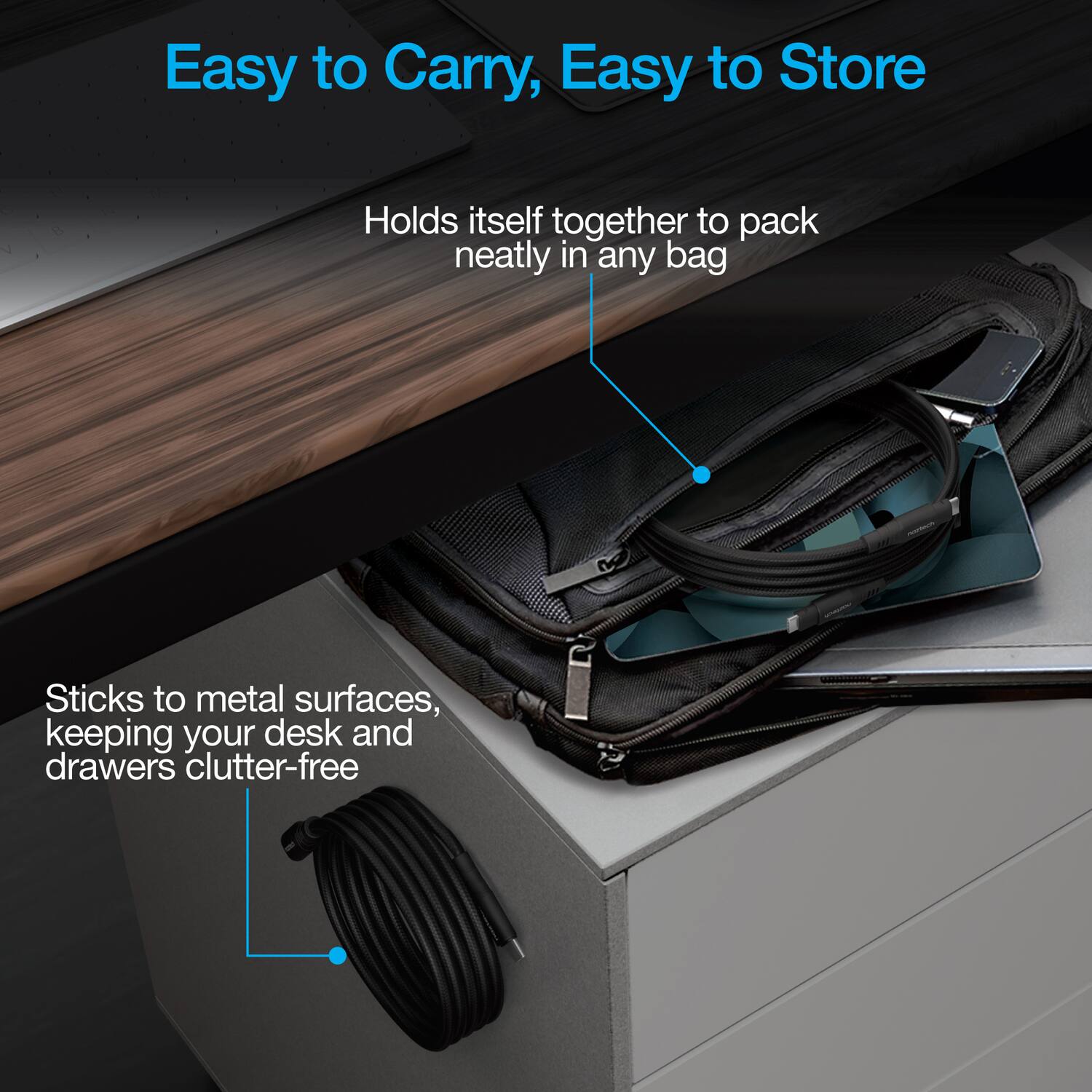 Easy to Carry, Easy to Store

- Holds itself together to pack neatly in any bag
- Sticks to metal surfaces, keeping your desk and drawers clutter-free