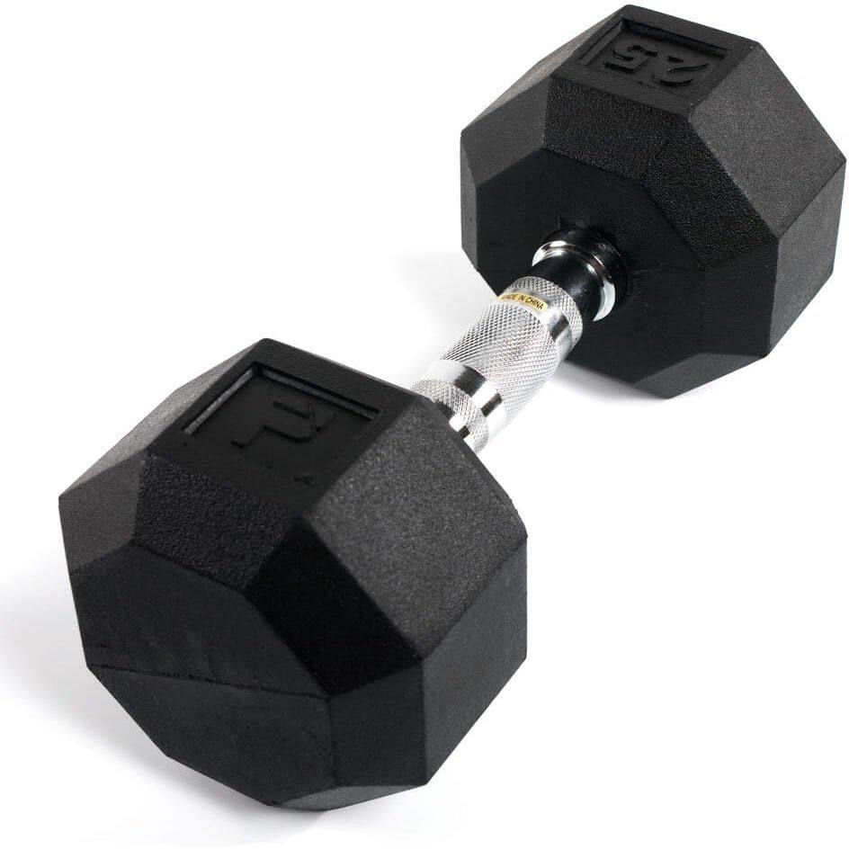 Front. Power Systems - Octagonal Dumbbell, 25 lbs Rubber Coated Dumbbell Weight (Single Dumbbell) - Black,Silver.
