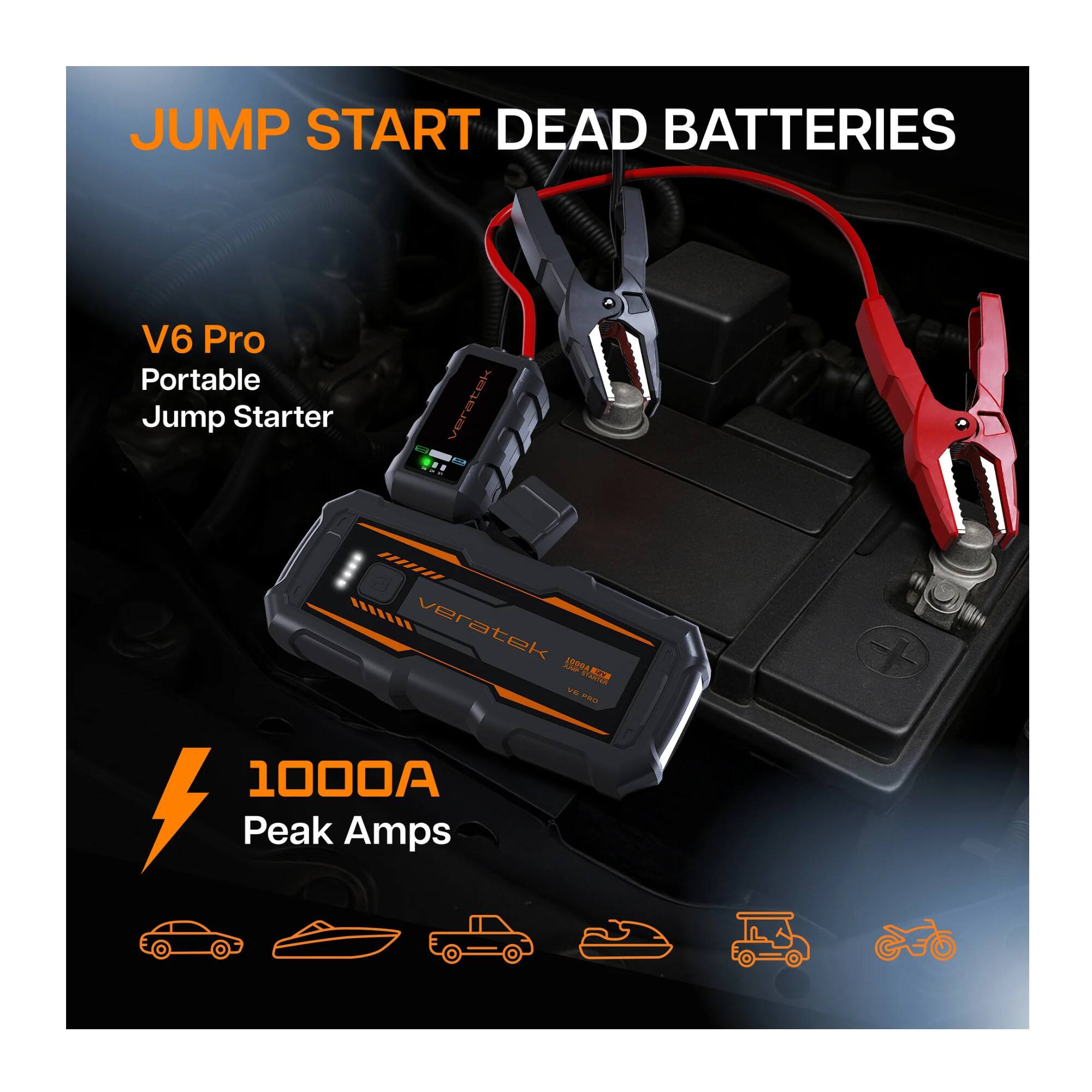 JUMP START DEAD BATTERIES

V6 Pro Portable Jump Starter

veratek VE 0

1000A Peak Amps