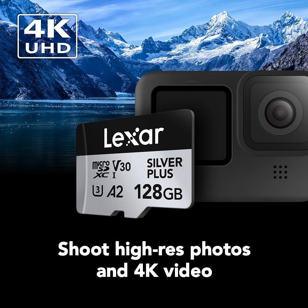 4K UHD

Lexar  
microSDXC I  
V30  
SILVER PLUS  
A2  
128GB

Shoot high-res photos and 4K video