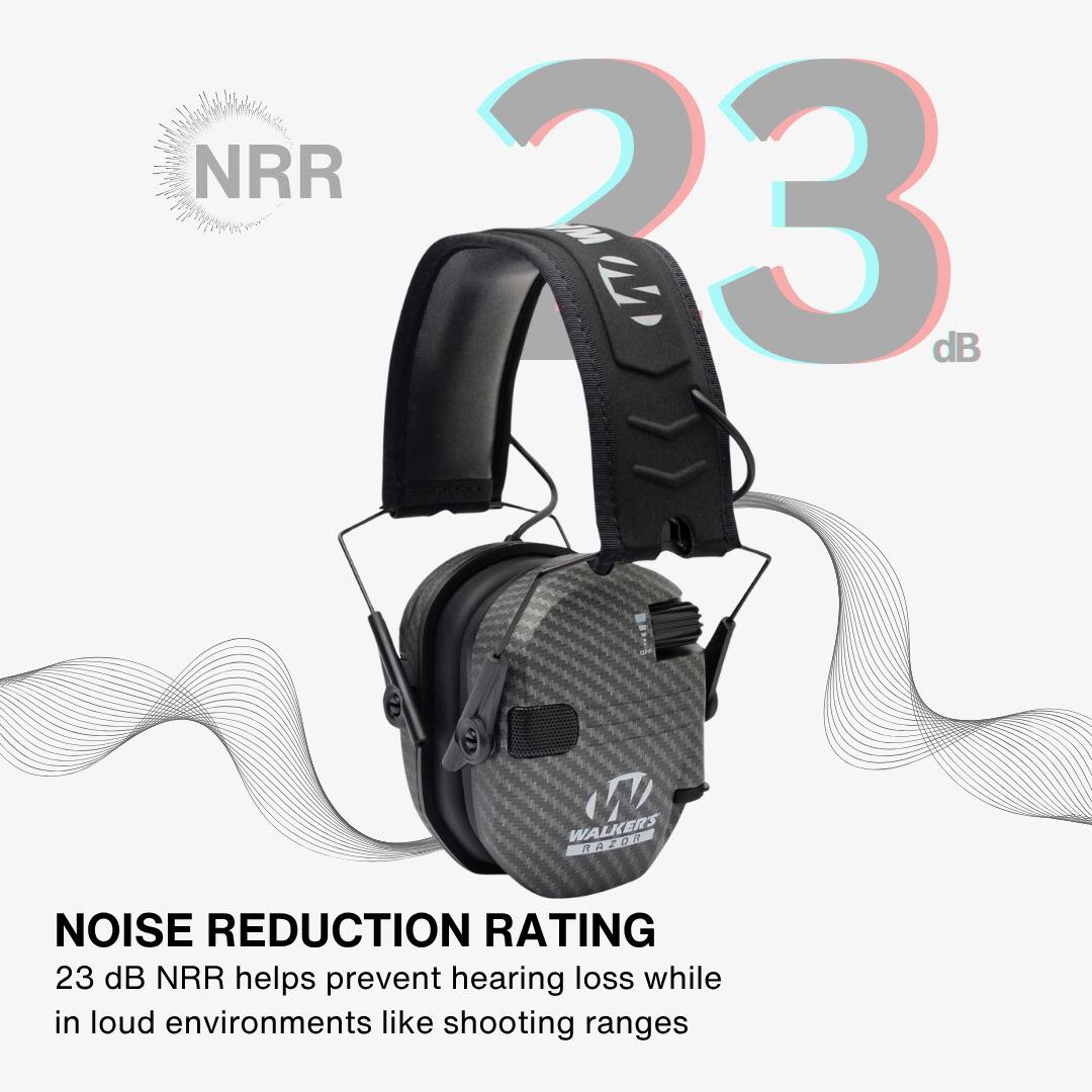 NRR 23 dB  
WALKERS TI  
NOISE REDUCTION RATING 23 dB  
NRR helps prevent hearing loss while in loud environments like shooting ranges  

NOISE REDUCTION RATING  
23 dB NRR helps prevent hearing loss while in loud environments like shooting ranges