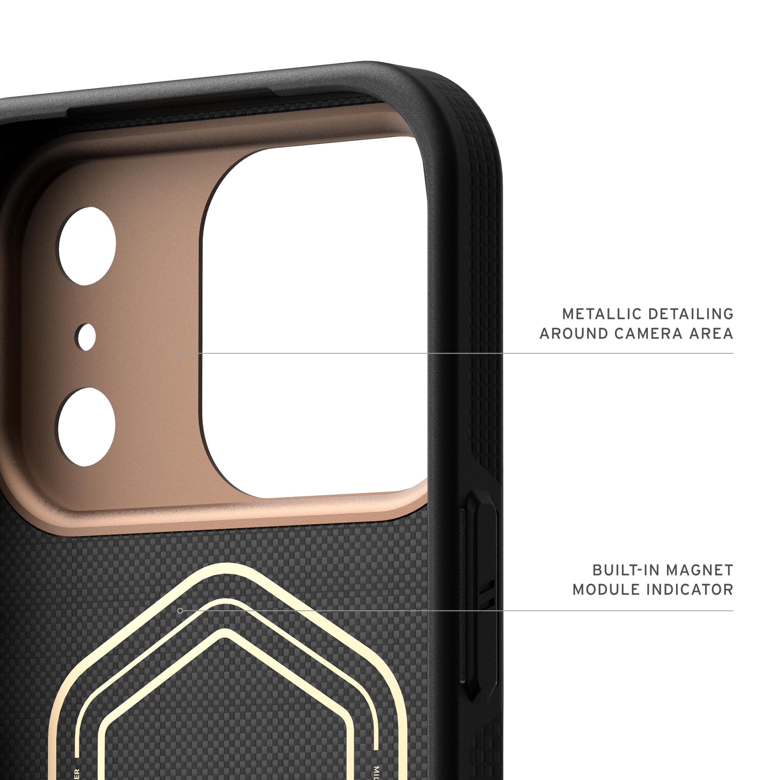 METALLIC DETAILING AROUND CAMERA AREA  
BUILT-IN MAGNET MODULE INDICATOR